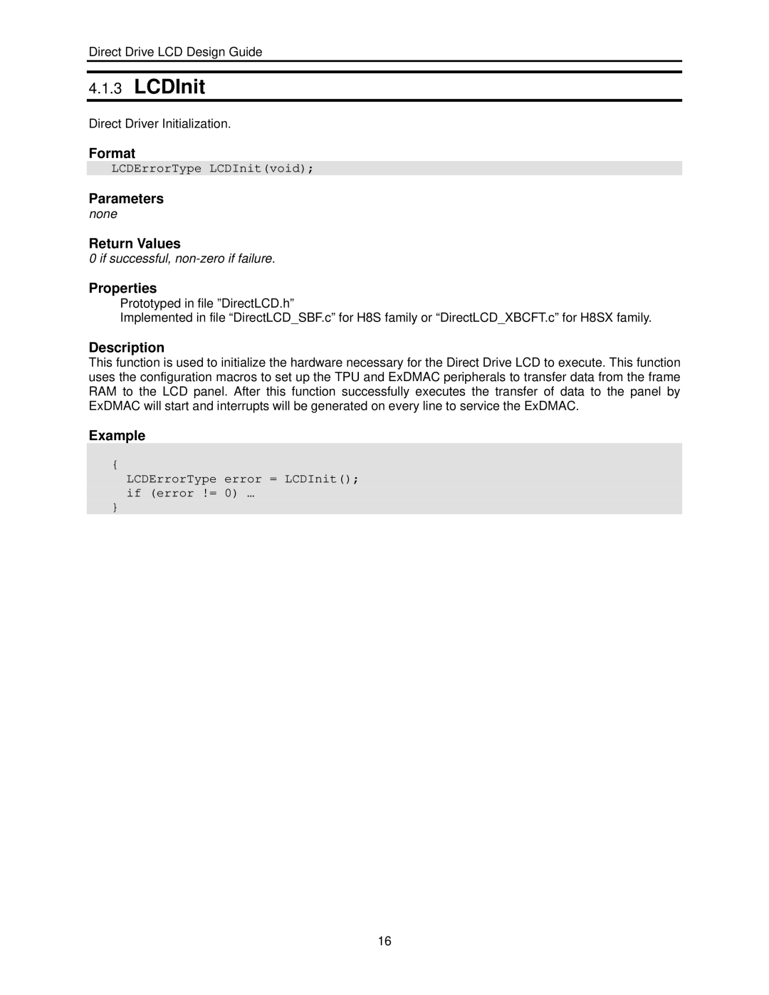 Renesas H8SX user manual LCDInit, Properties 