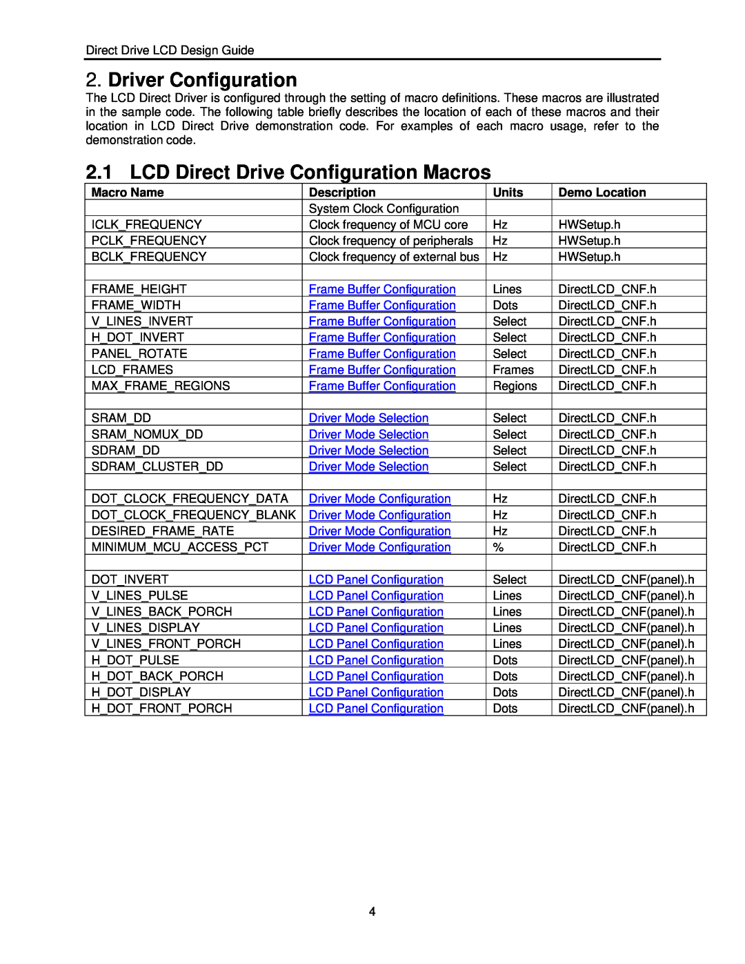 Renesas H8S Driver Configuration, LCD Direct Drive Configuration Macros, Macro Name, Description, Units, Demo Location 