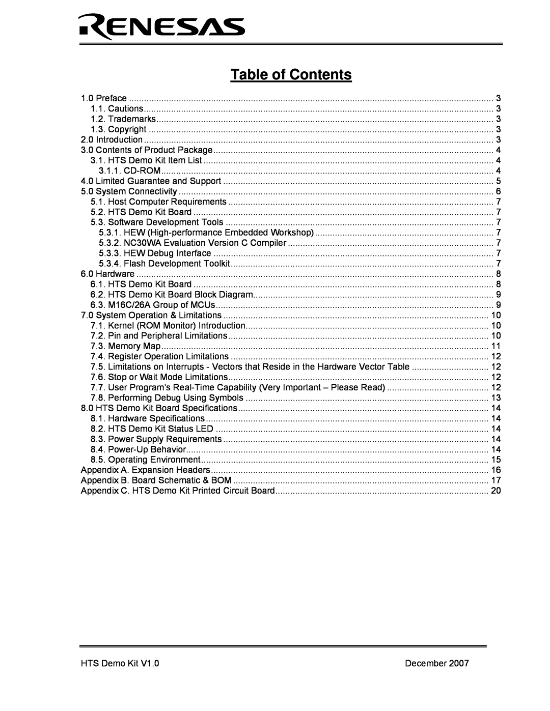 Renesas HEW Target user manual Table of Contents, HTS Demo Kit, December 
