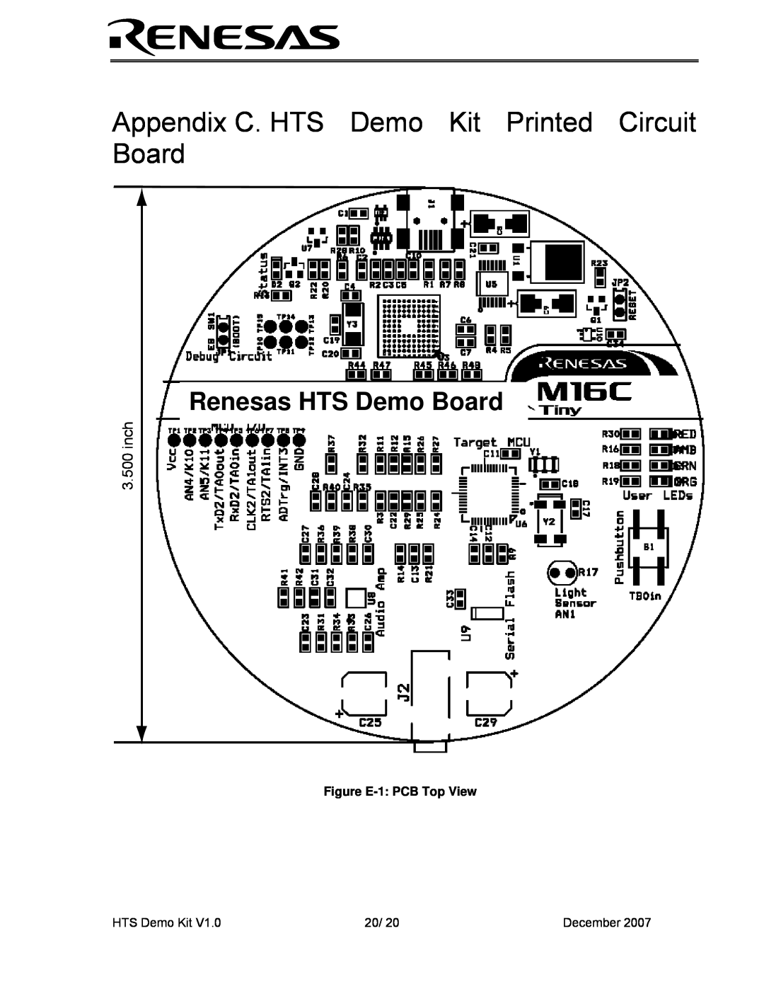 Renesas HEW Target Appendix C. HTS Demo Kit Printed Circuit Board, Figure E-1 PCB Top View, Renesas HTS Demo Board, inch 