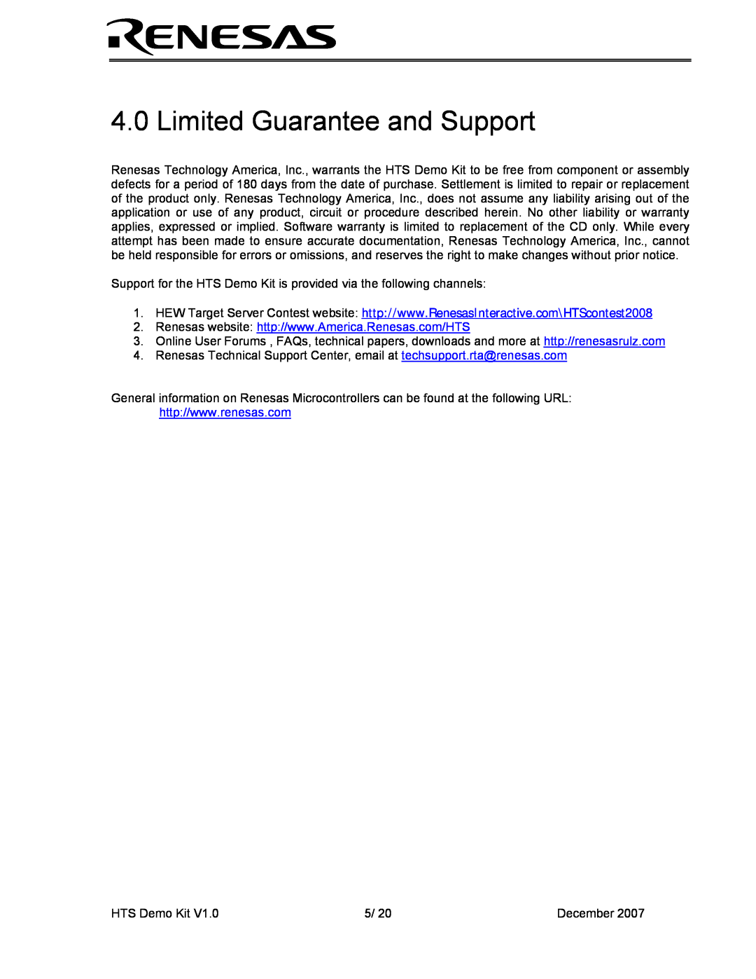 Renesas HEW Target user manual Limited Guarantee and Support 