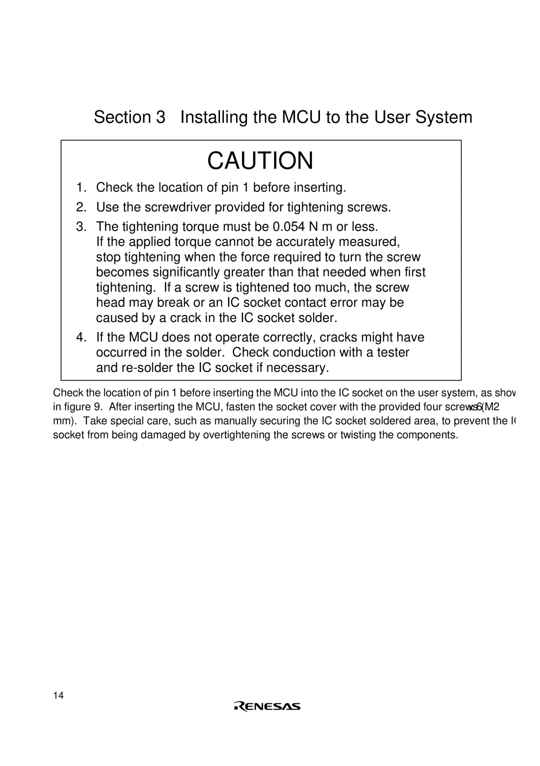 Renesas HS2633ECH61H user manual Installing the MCU to the User System 