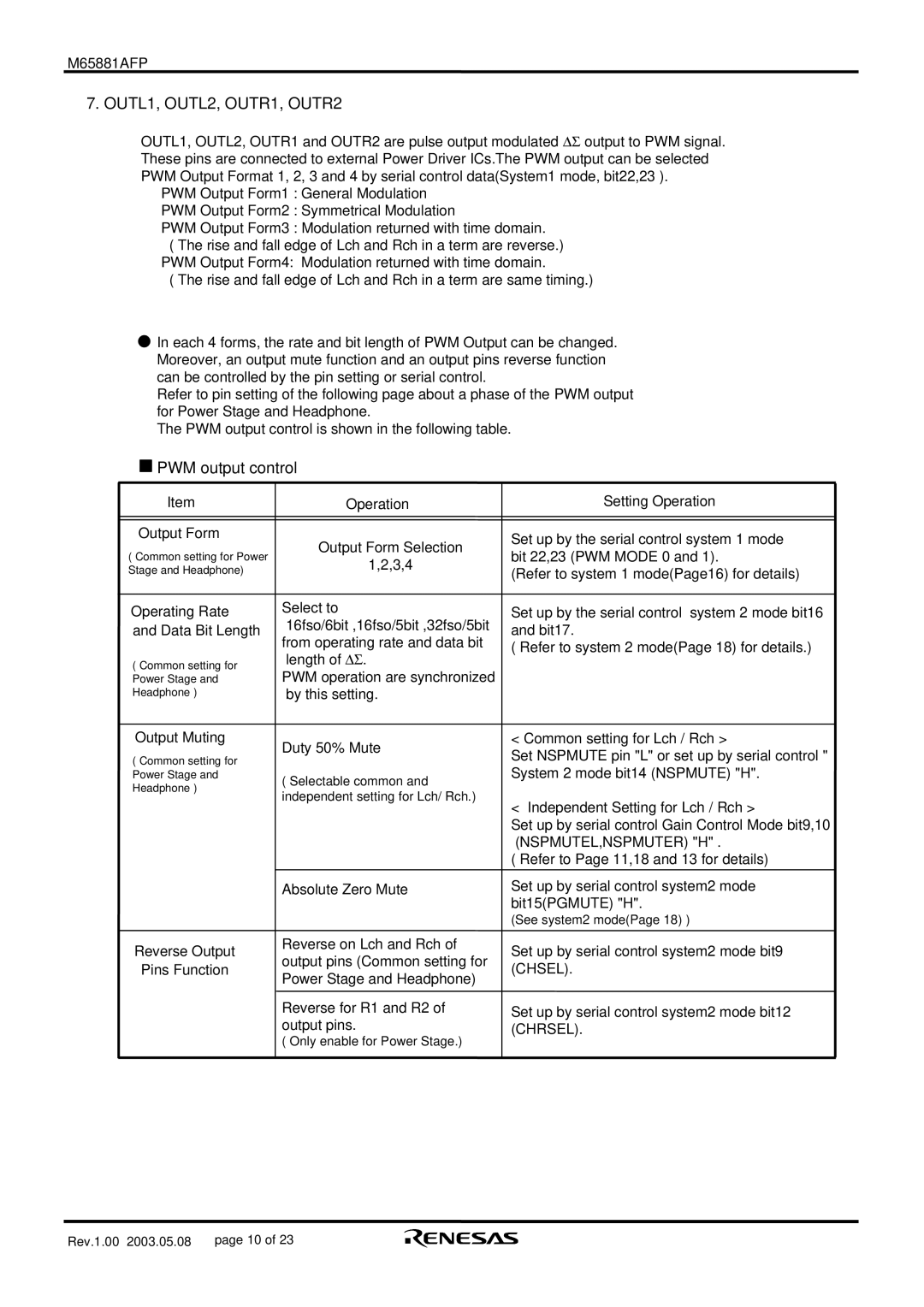 Renesas M65881AFP manual OUTL1, OUTL2, OUTR1, OUTR2, PWM output control, Nspmutel,Nspmuter H, Chsel, Chrsel 