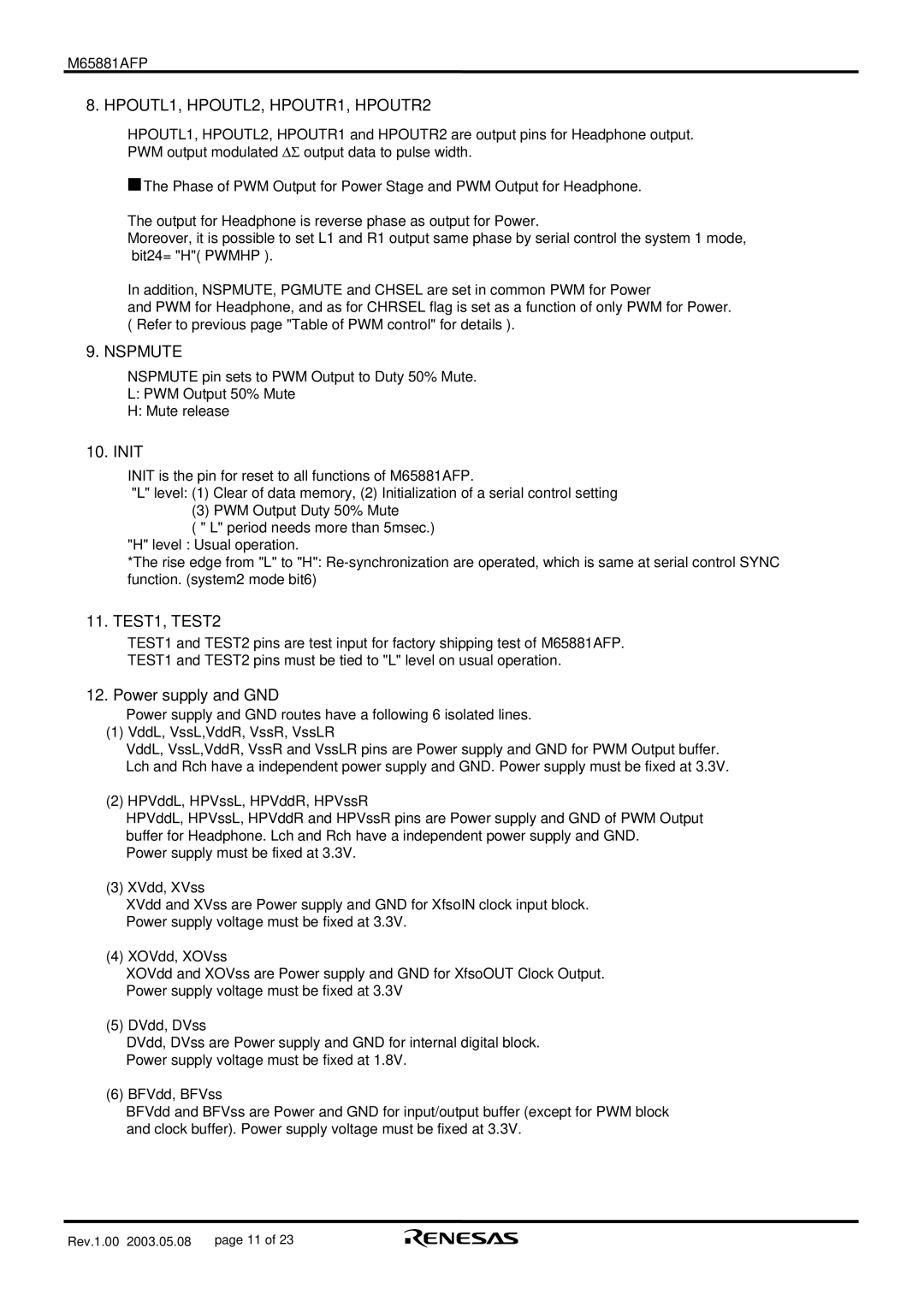 Renesas M65881AFP manual HPOUTL1, HPOUTL2, HPOUTR1, HPOUTR2, Init, TEST1, TEST2, Power supply and GND 