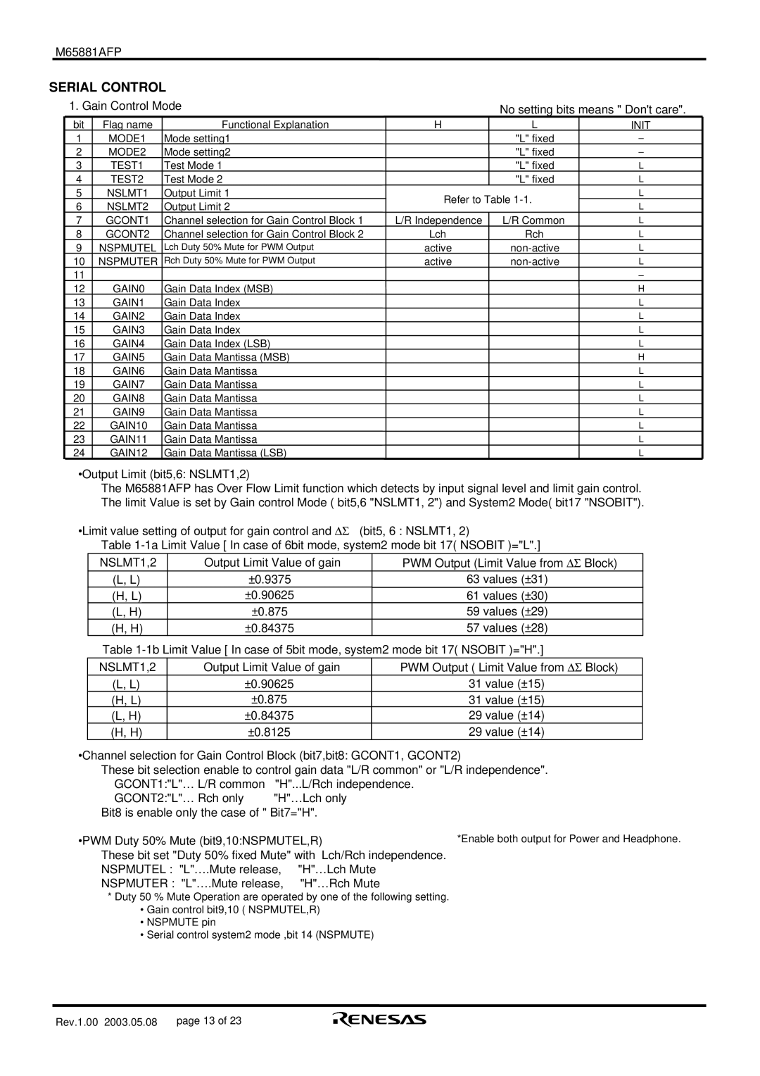 Renesas M65881AFP manual Serial Control, NSLMT1,2 