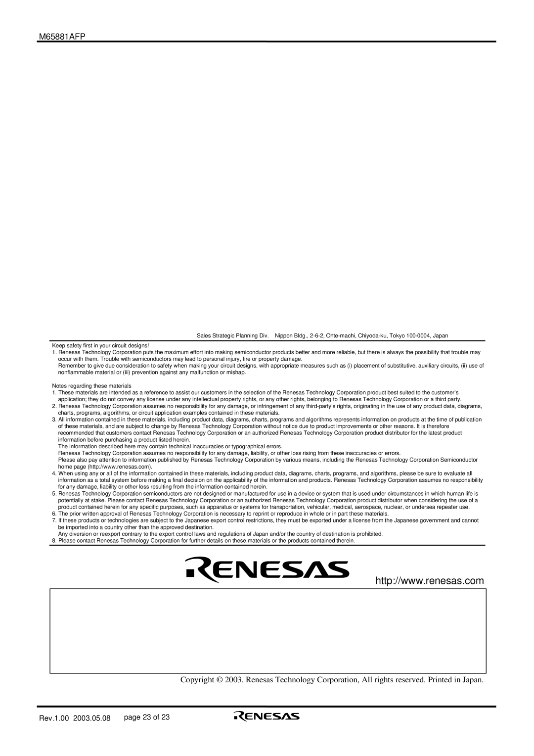 Renesas M65881AFP manual 