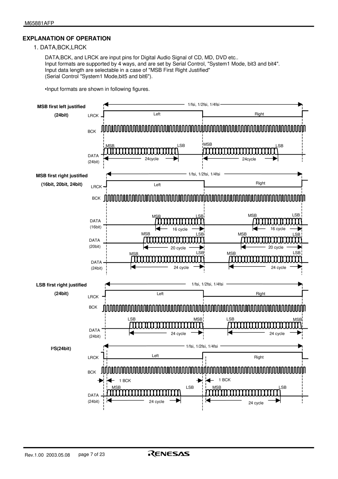 Renesas M65881AFP manual Explanation of Operation, Data,Bck,Lrck 