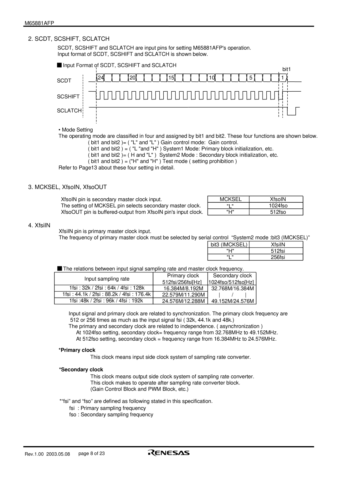 Renesas M65881AFP manual SCDT, SCSHIFT, Sclatch, MCKSEL, XfsoIN, XfsoOUT, Scdt Scshift Sclatch 