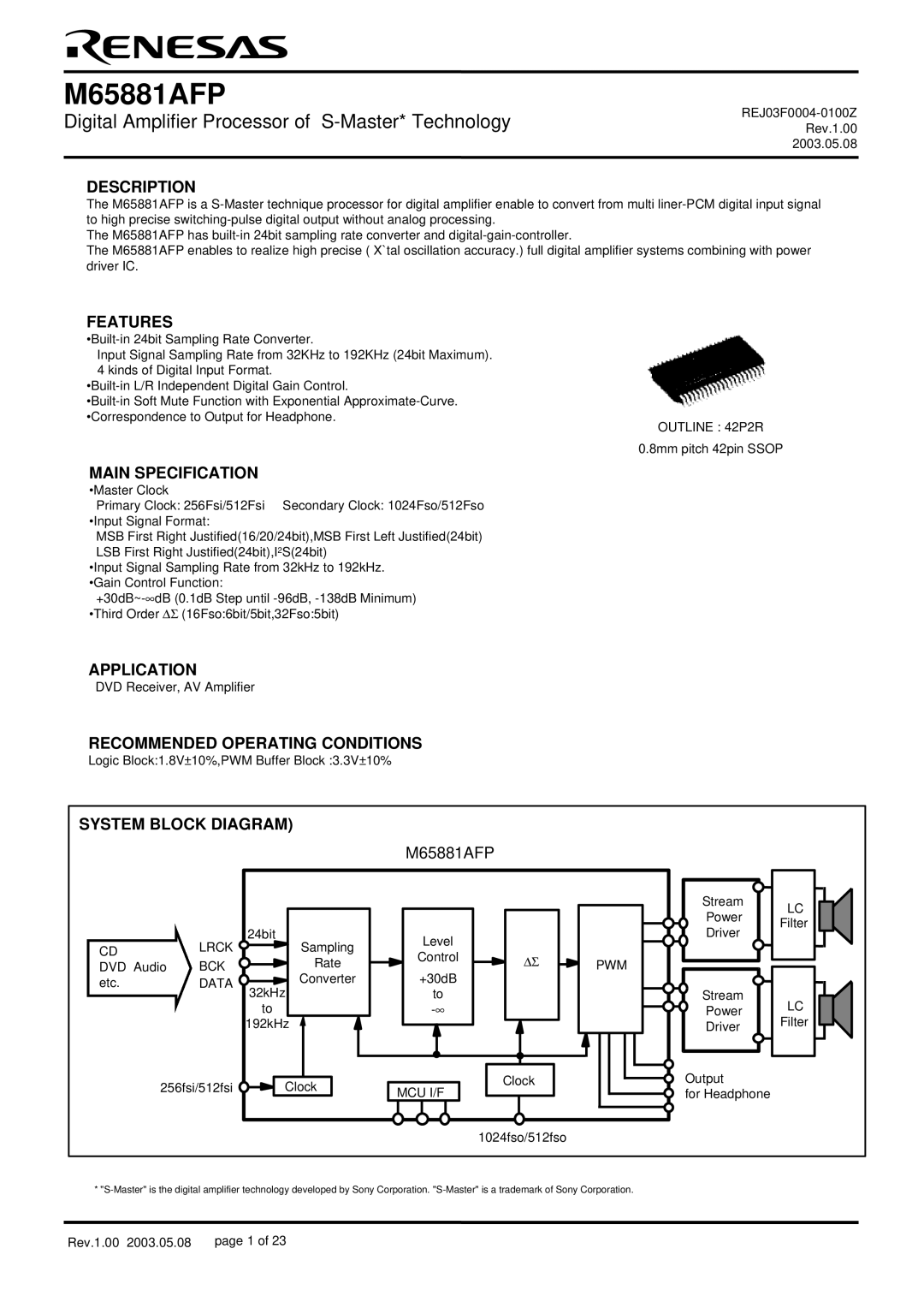 Renesas M65881AFP manual Description, Features, Main Specification, Application, Recommended Operating Conditions 