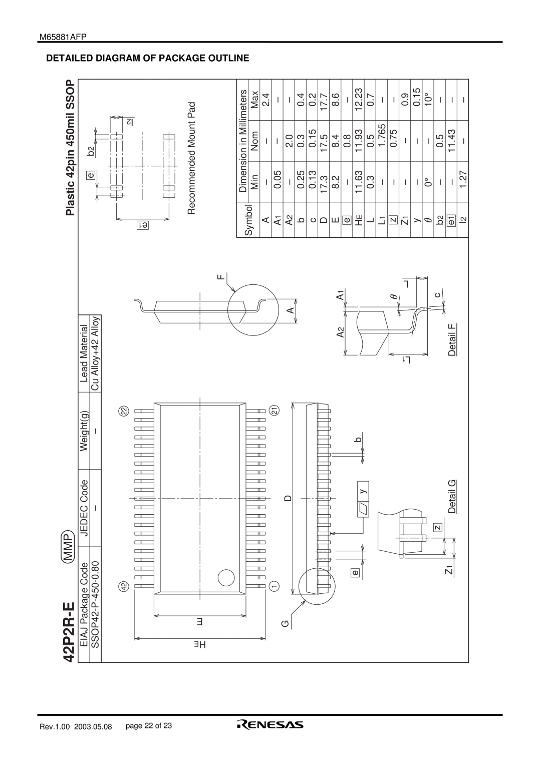Renesas M65881AFP manual 42P2R-E, Plastic 42pin 450mil SSOP, Diagram, Package 