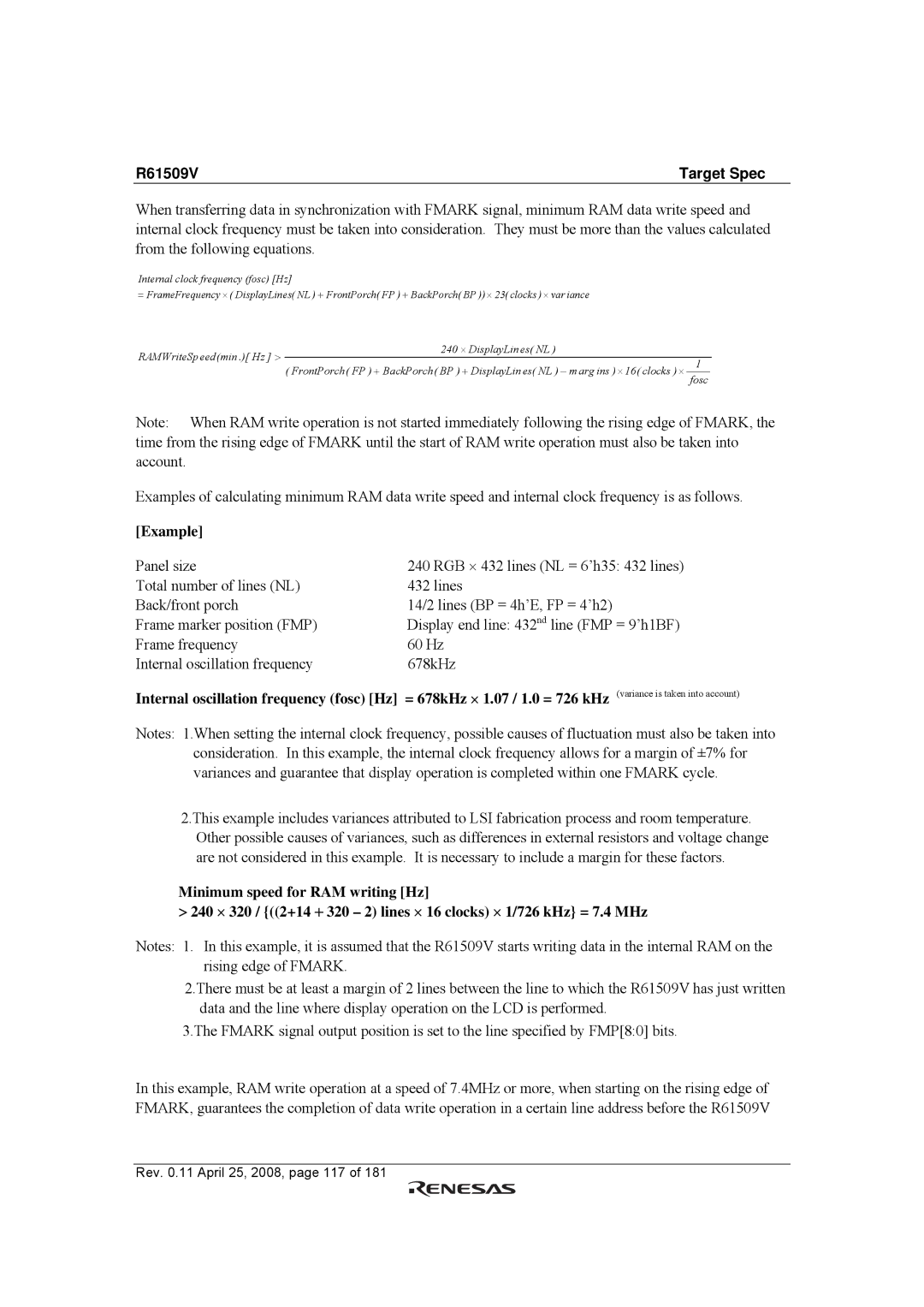 Renesas R61509V manual Example, Internal oscillation frequency fosc Hz 