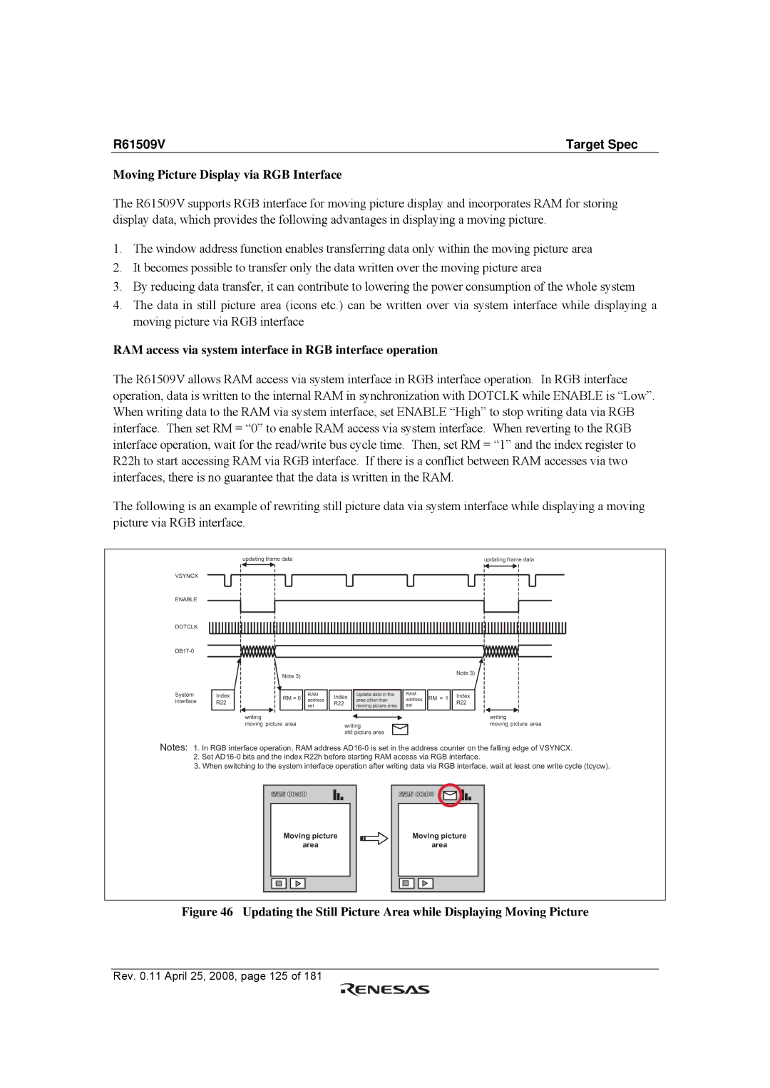 Renesas R61509V manual Moving Picture Display via RGB Interface, RAM access via system interface in RGB interface operation 
