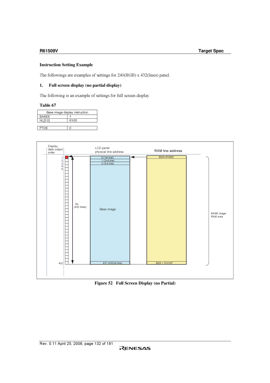 Renesas R61509V manual Instruction Setting Example, Full screen display no partial display 