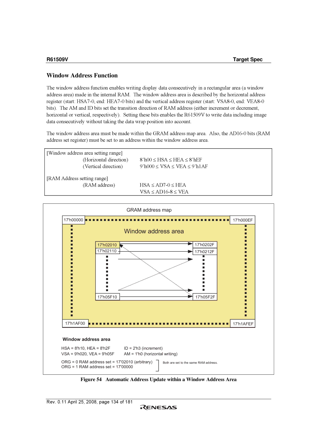 Renesas R61509V manual Window Address Function, Automatic Address Update within a Window Address Area 