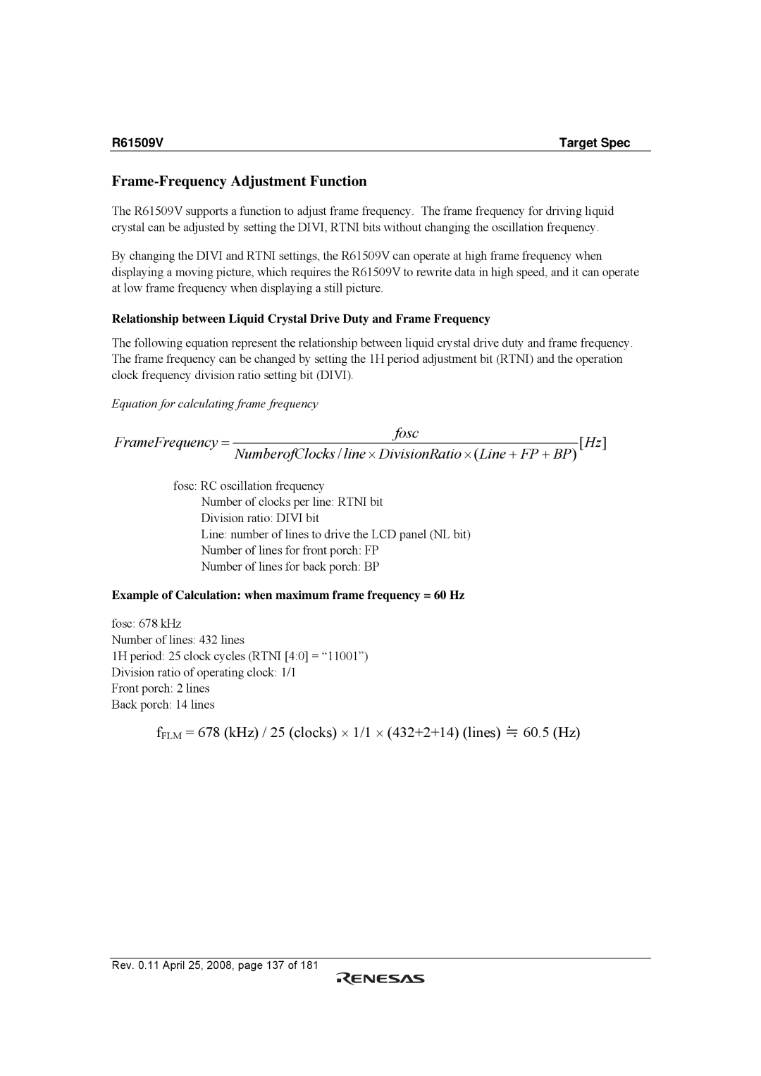 Renesas R61509V manual Frame-Frequency Adjustment Function, Example of Calculation when maximum frame frequency = 60 Hz 