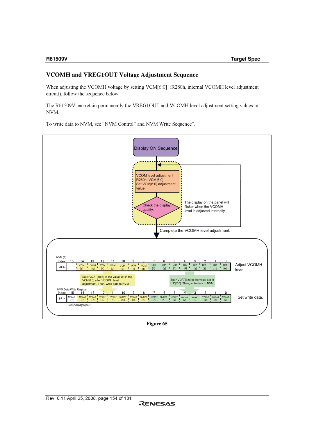 Renesas R61509V manual Vcomh and VREG1OUT Voltage Adjustment Sequence, Display on Sequence 