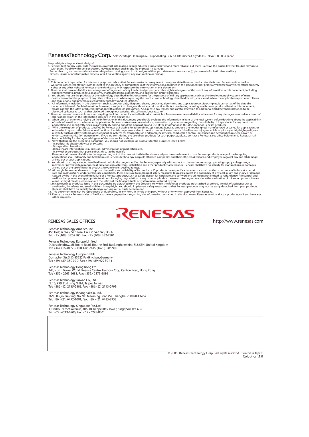 Renesas R61509V manual Renesas Sales Offices 