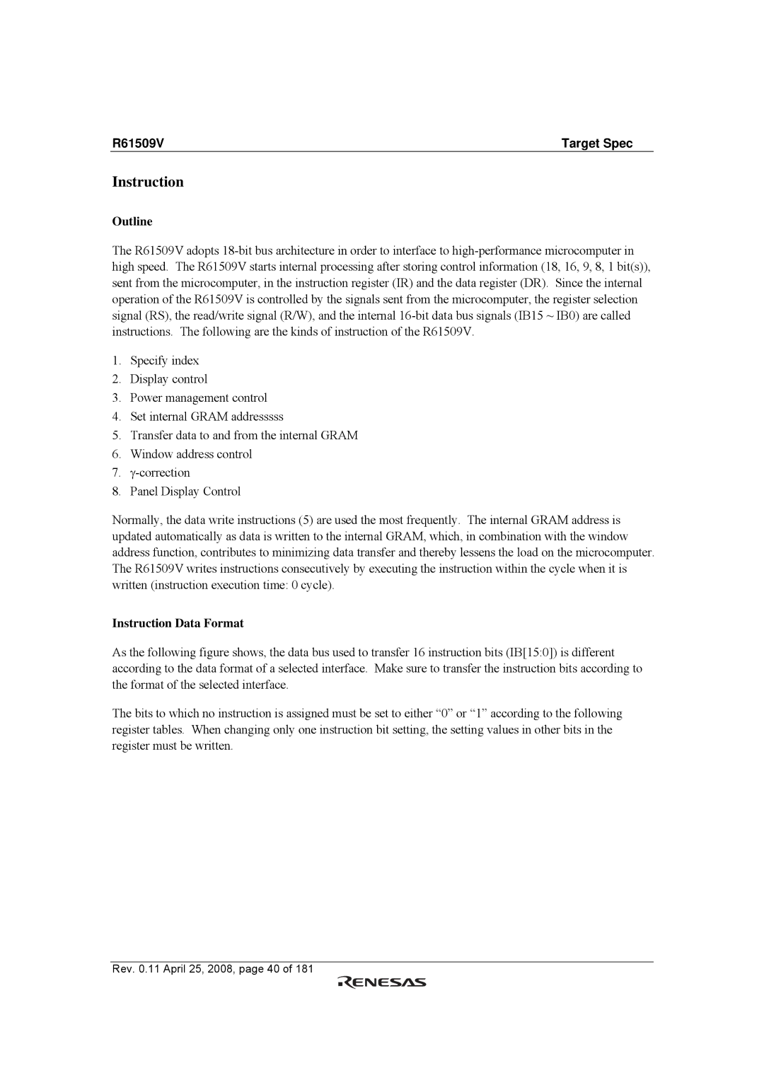 Renesas R61509V manual Outline, Instruction Data Format 