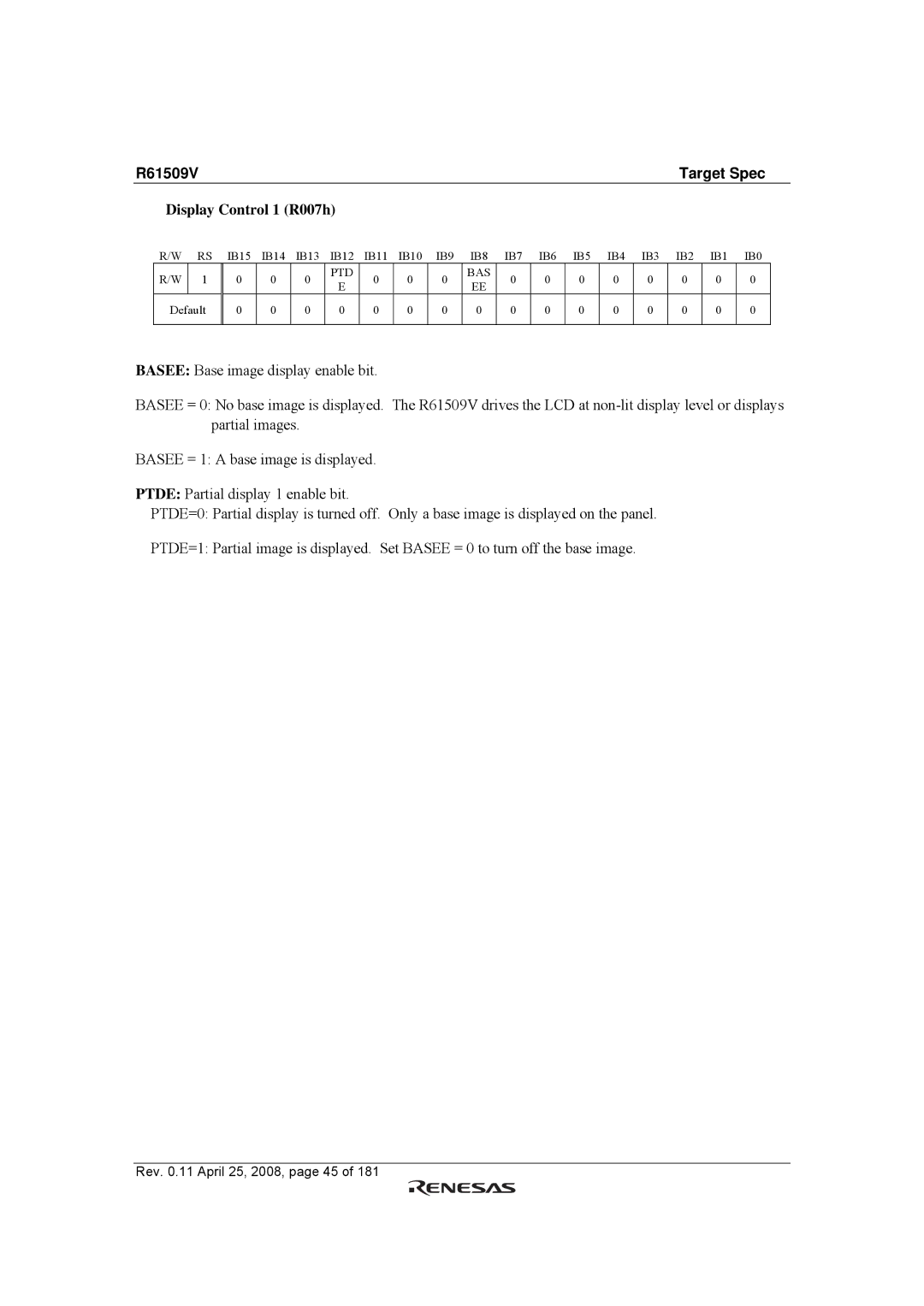 Renesas R61509V manual Display Control 1 R007h 