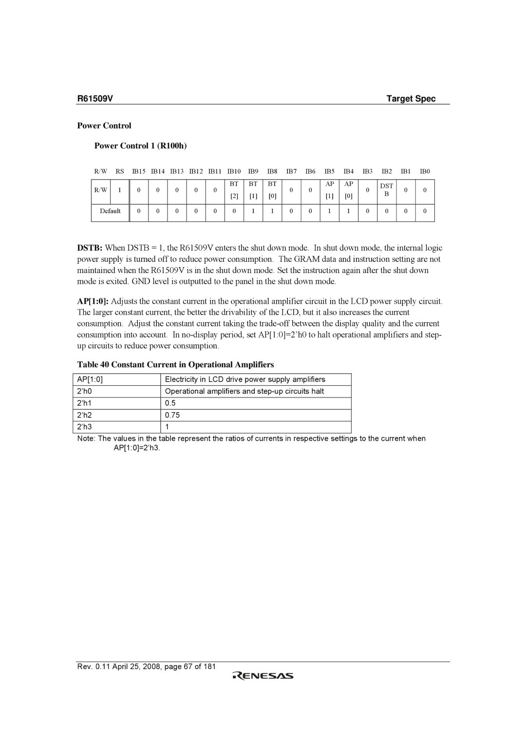 Renesas R61509V manual Power Control Power Control 1 R100h, Constant Current in Operational Amplifiers 