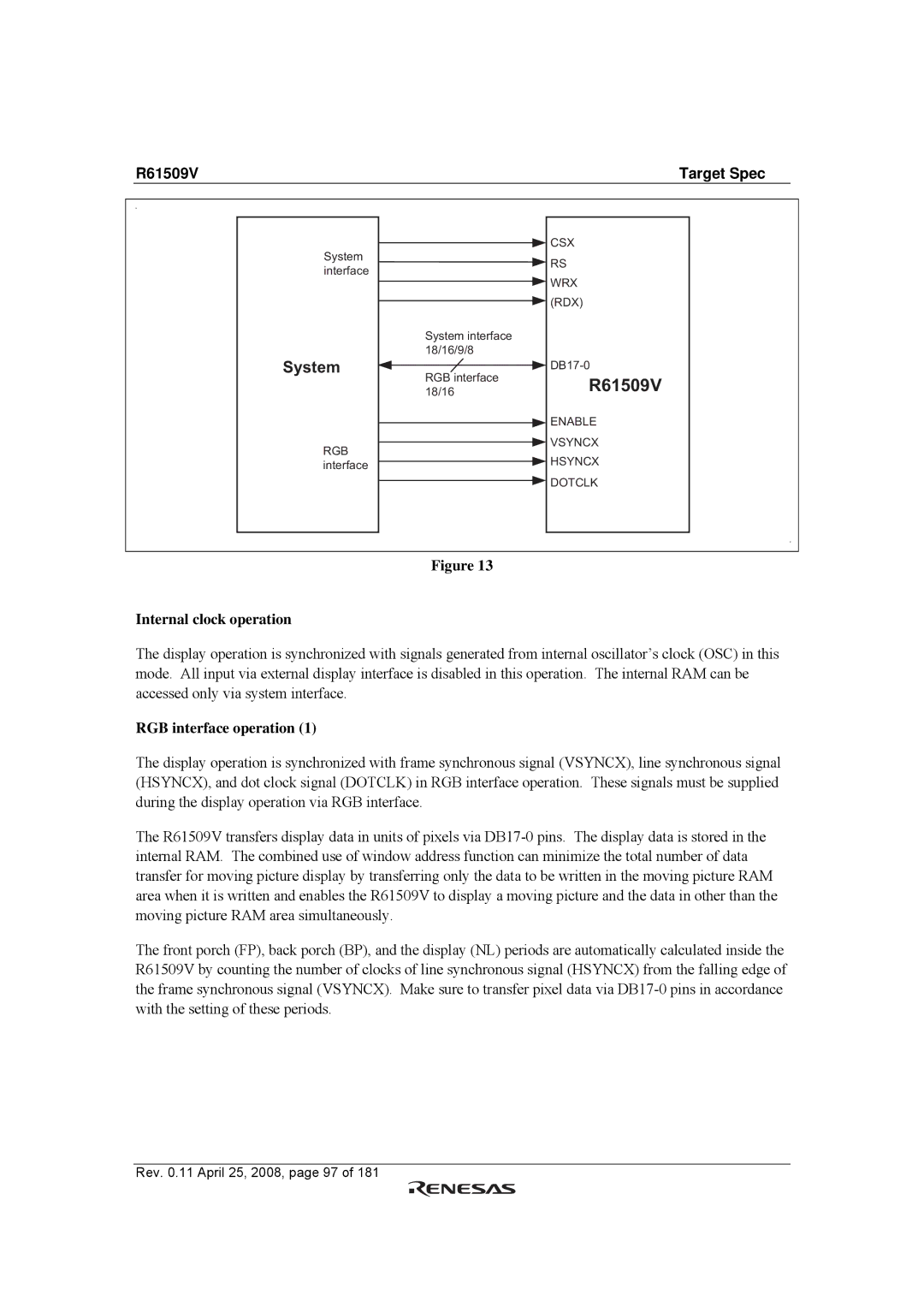 Renesas R61509V manual Internal clock operation, RGB interface operation 