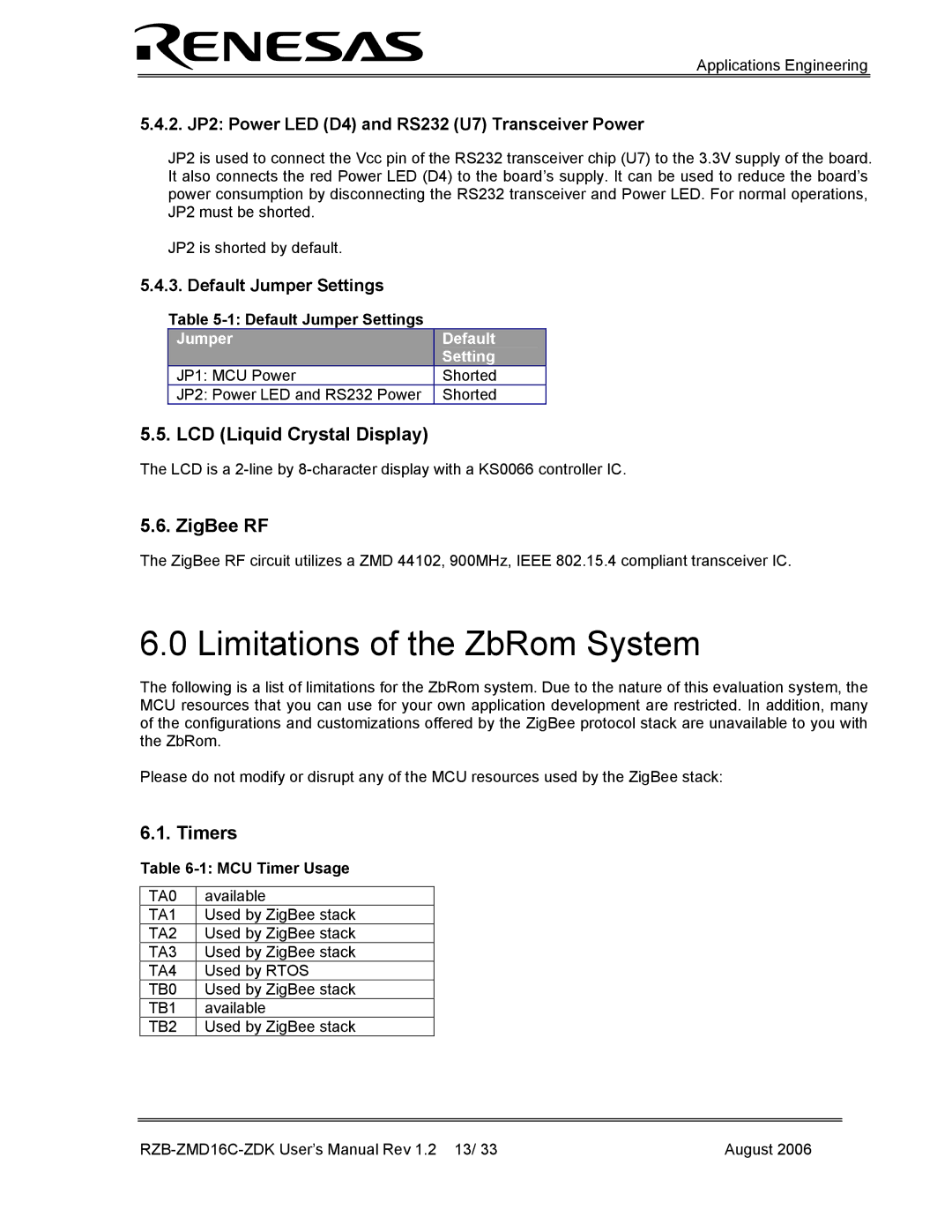 Renesas RZB-ZMD16C-ZDK user manual Limitations of the ZbRom System, LCD Liquid Crystal Display, ZigBee RF, Timers 