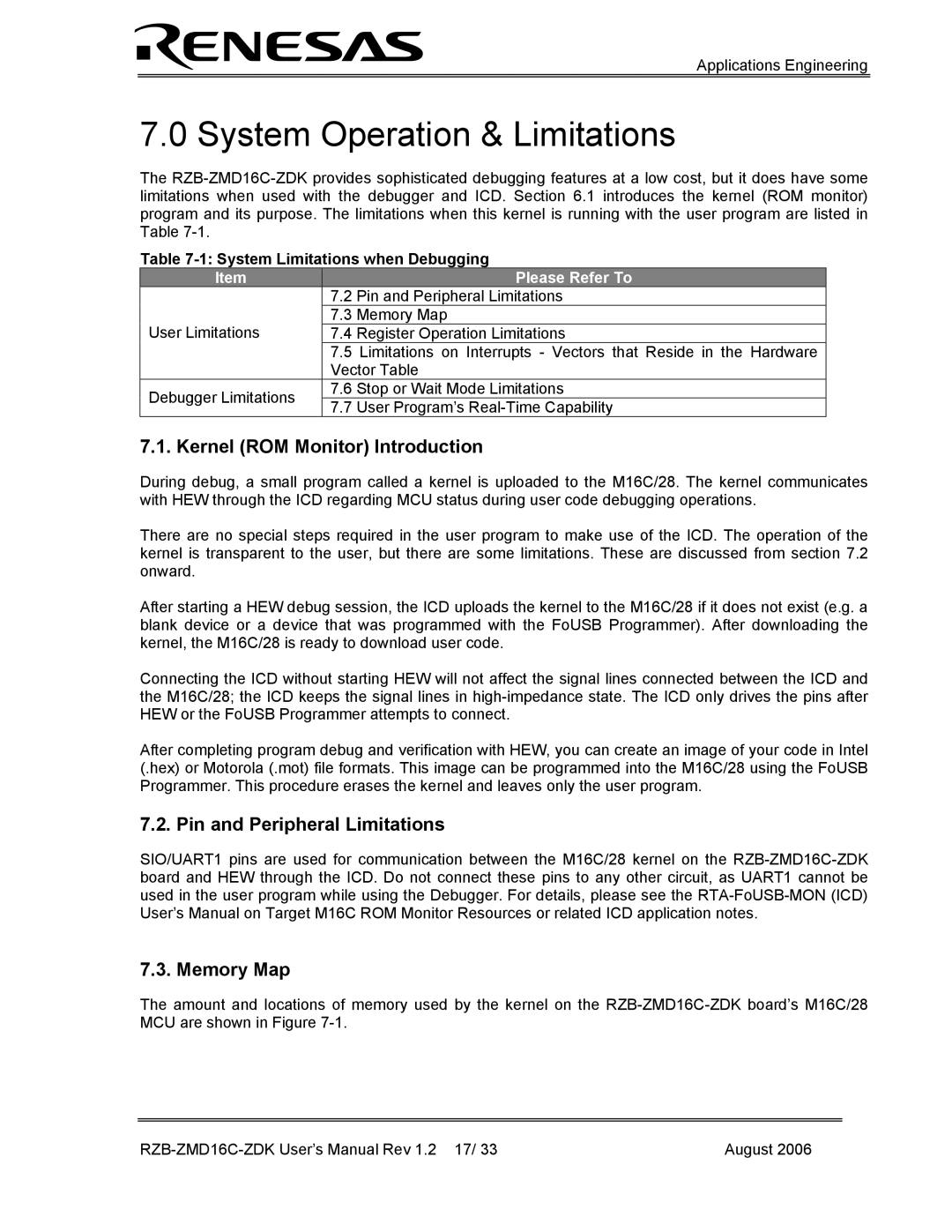 Renesas RZB-ZMD16C-ZDK System Operation & Limitations, Kernel ROM Monitor Introduction, Pin and Peripheral Limitations 