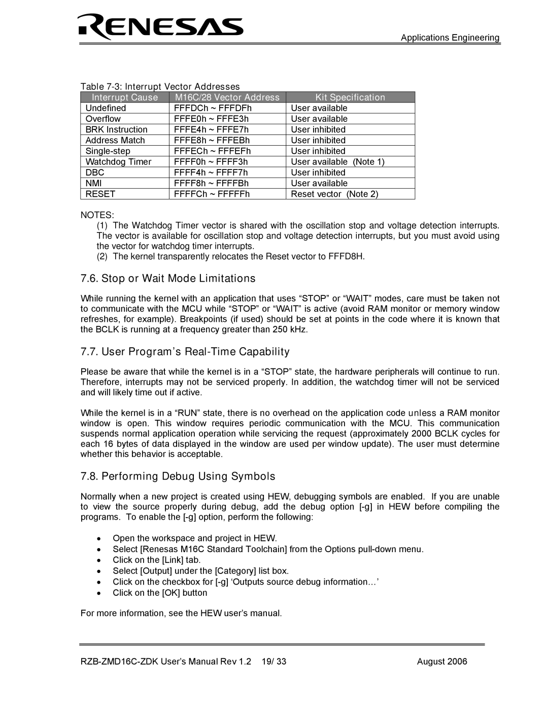 Renesas RZB-ZMD16C-ZDK Stop or Wait Mode Limitations, User Program’s Real-Time Capability, Performing Debug Using Symbols 