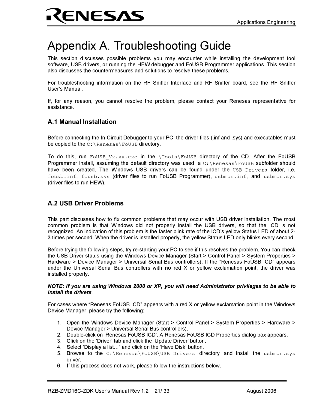 Renesas RZB-ZMD16C-ZDK user manual Appendix A. Troubleshooting Guide, Manual Installation, USB Driver Problems 