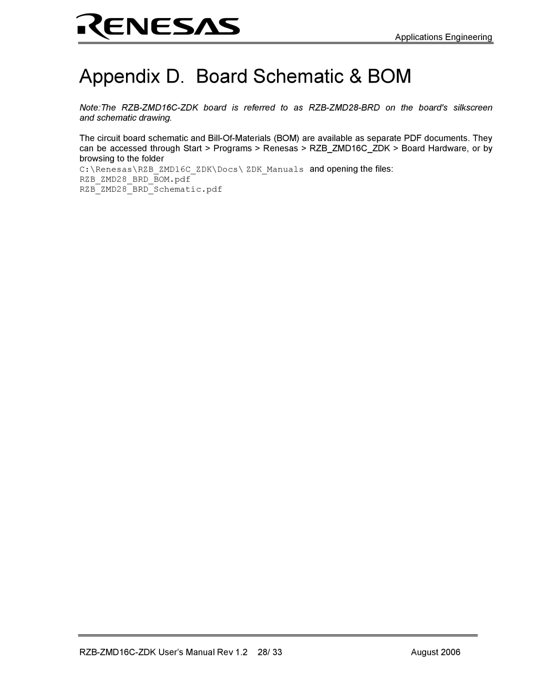 Renesas RZB-ZMD16C-ZDK user manual Appendix D. Board Schematic & BOM 