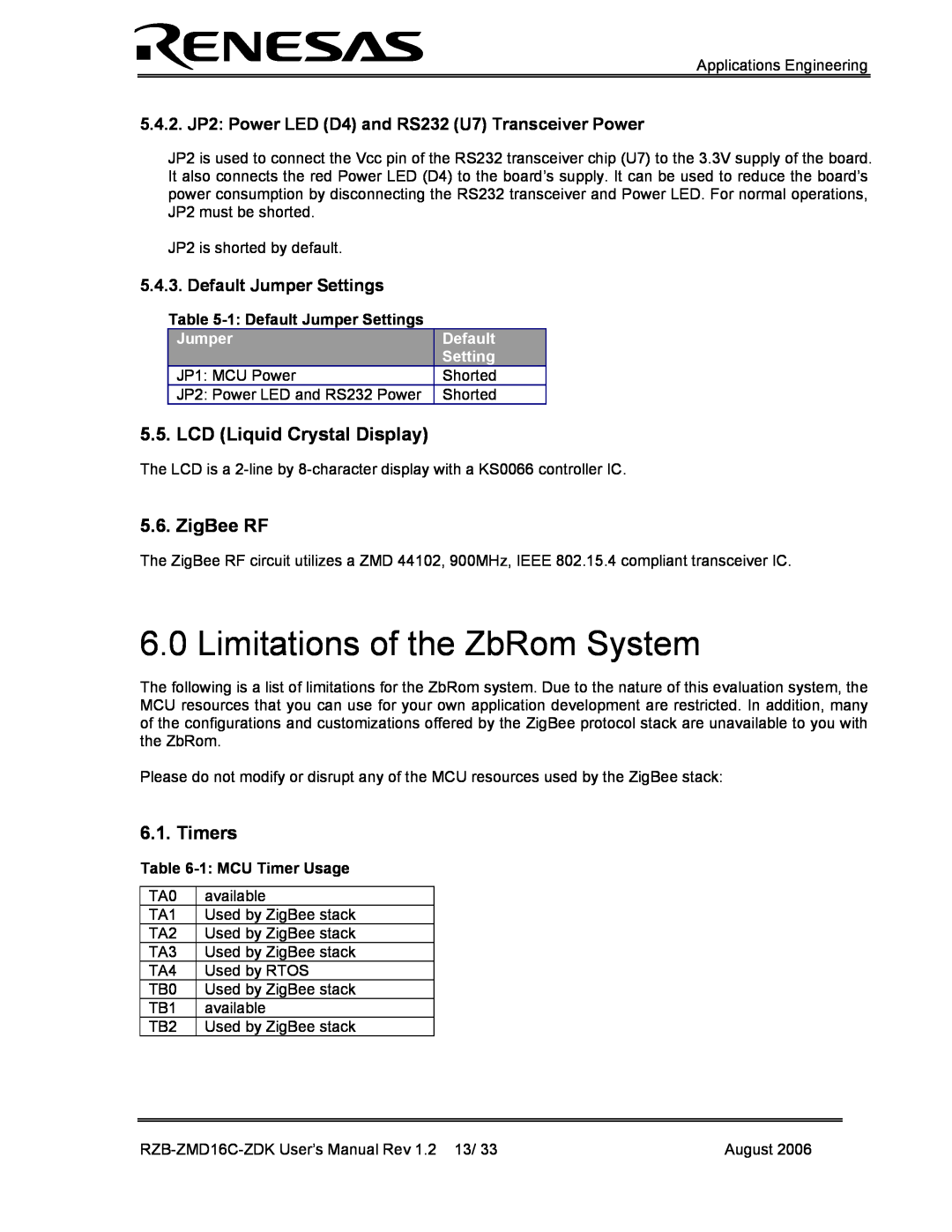 Renesas RZB-ZMD16C-ZDK Limitations of the ZbRom System, LCD Liquid Crystal Display, ZigBee RF, Timers, Jumper, Default 