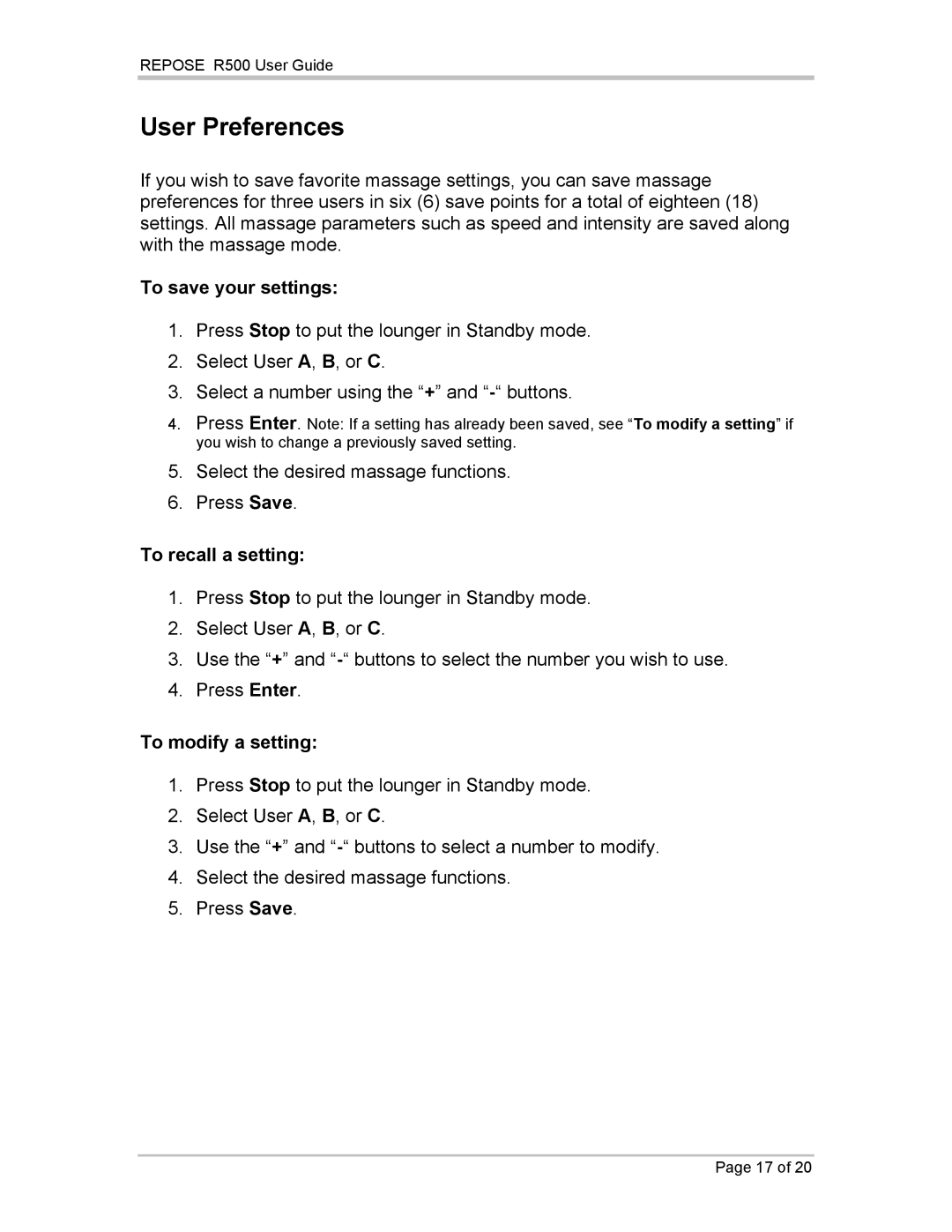 Repose R500 manual User Preferences, To save your settings, To recall a setting, To modify a setting 