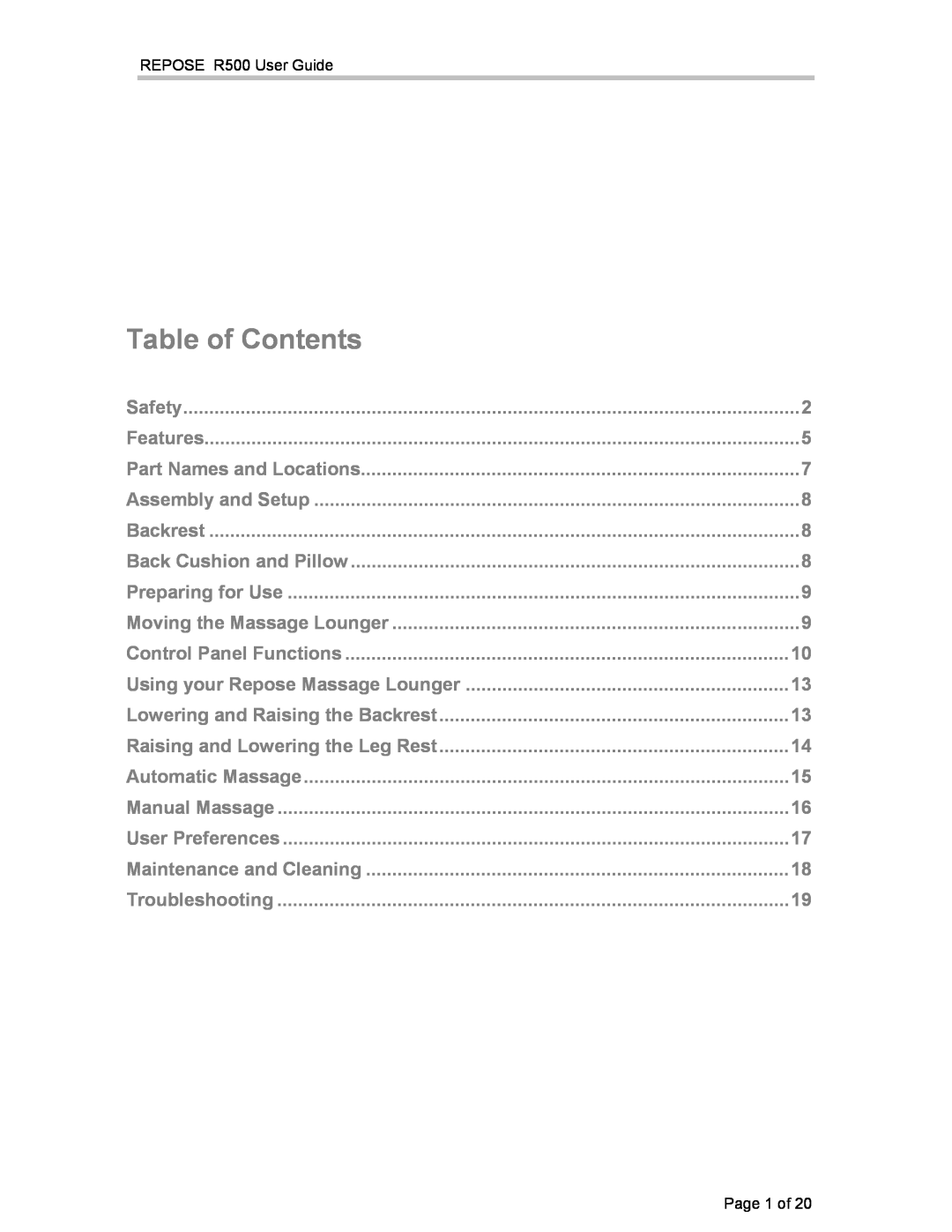 Repose R500 manual Table of Contents 