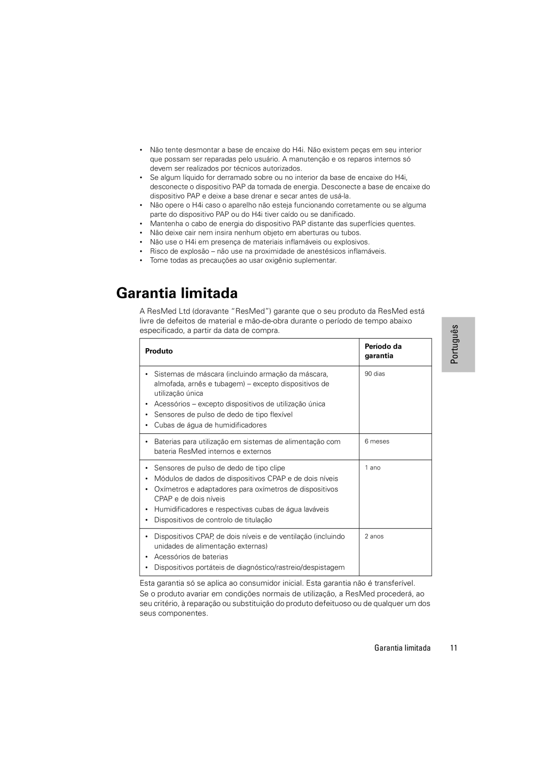 ResMed 248671/1 manual Garantia limitada, Produto Período da Garantia 