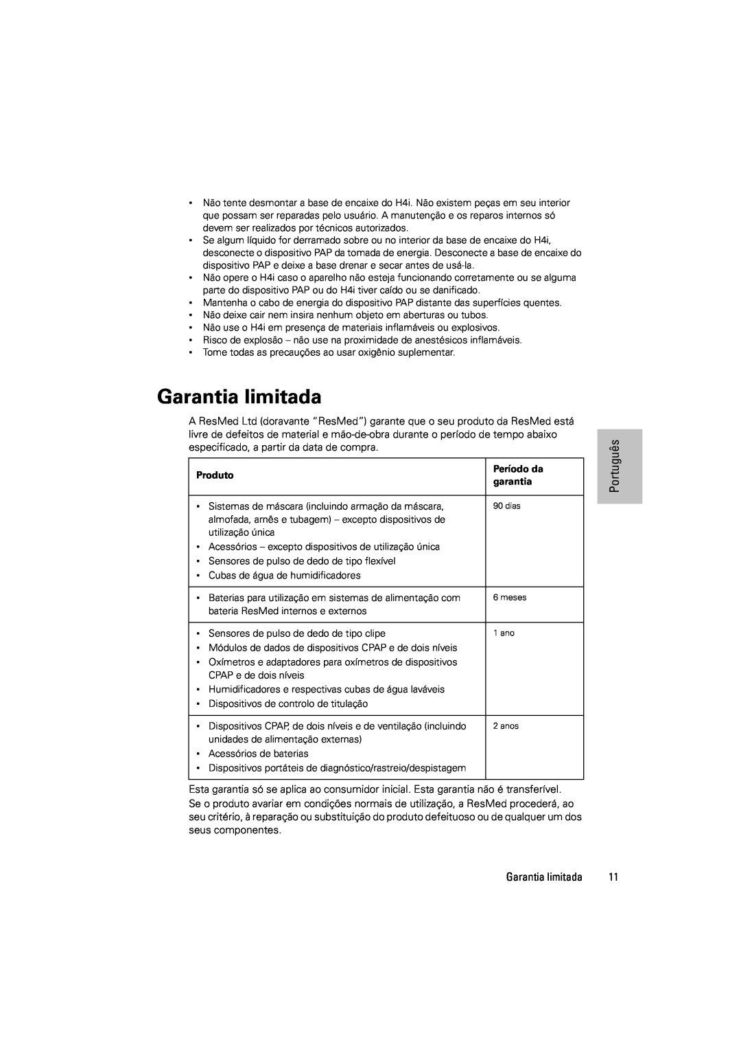 ResMed 248671/1 manual Garantia limitada, Português, Produto, Período da, garantia 