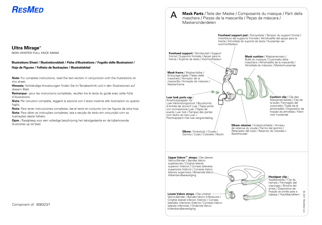 ResMed 1, 608323 manual Maschera / Piezas de la mascarilla / Peças da máscara, Maskeronderdelen 