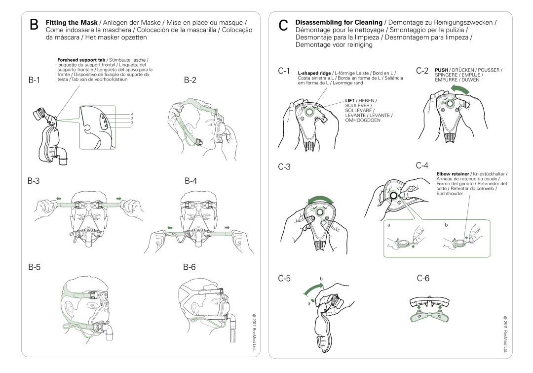 ResMed 608323, 1 manual Da máscara / Het masker opzetten, Démontage pour le nettoyage / Smontaggio per la pulizia 