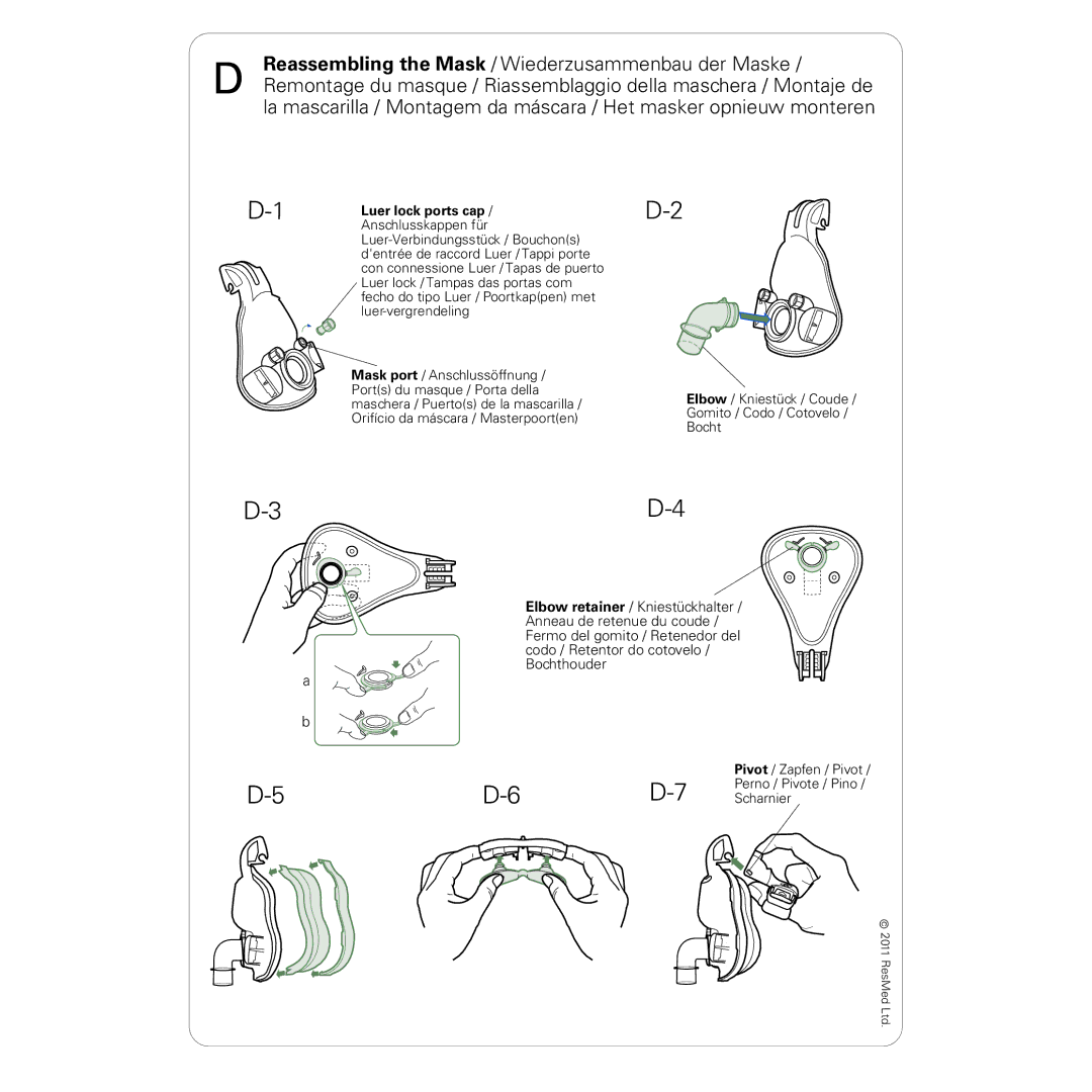 ResMed 1, 608323 manual Reassembling the Mask / Wiederzusammenbau der Maske, Luer lock ports cap 