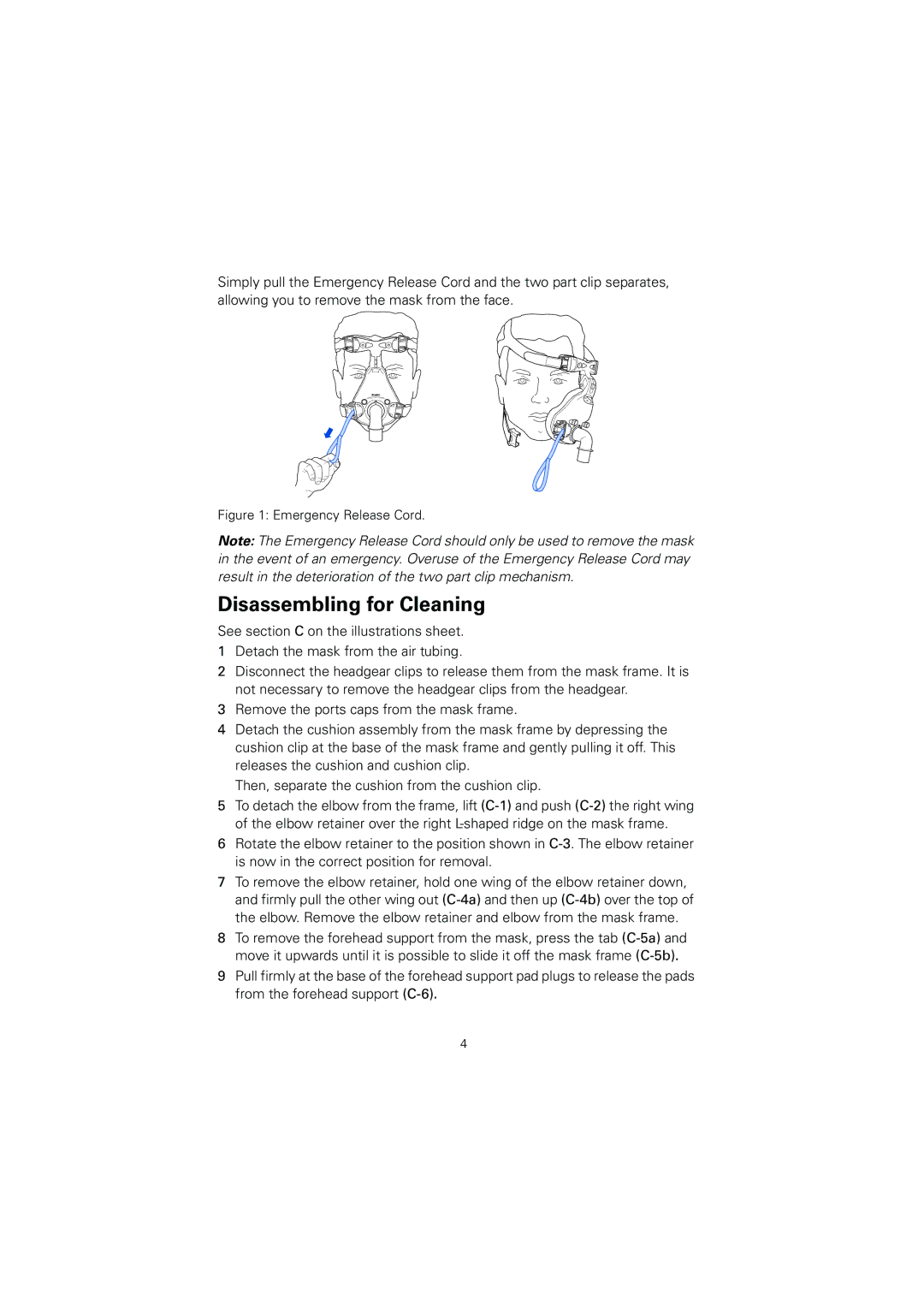 ResMed 1, 608323 manual Disassembling for Cleaning, Emergency Release Cord 