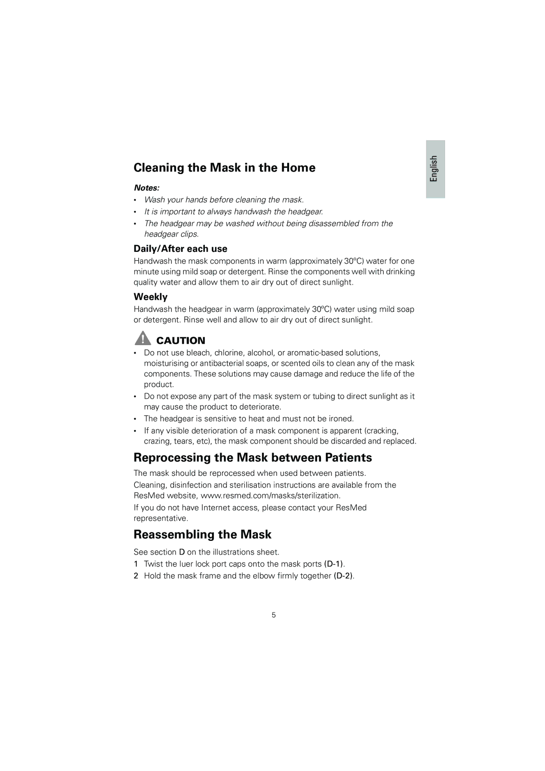 ResMed 608323, 1 manual Cleaning the Mask in the Home, Reprocessing the Mask between Patients, Reassembling the Mask, Weekly 