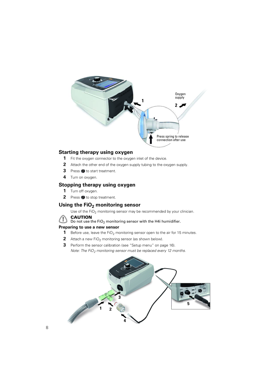 ResMed 100 manual Starting therapy using oxygen, Stopping therapy using oxygen, Using the FiO2 monitoring sensor 