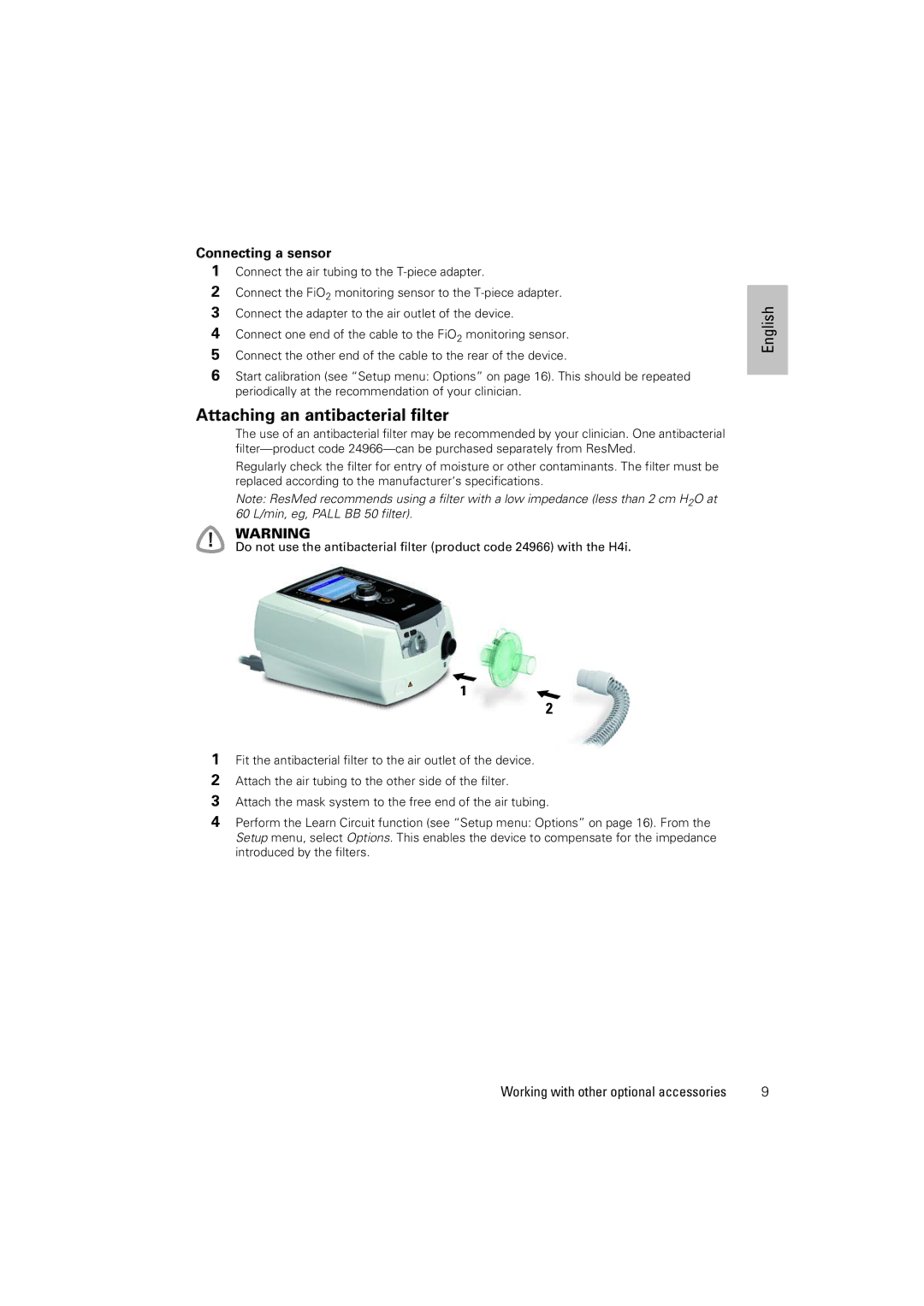 ResMed 100 manual Attaching an antibacterial filter, Connecting a sensor 