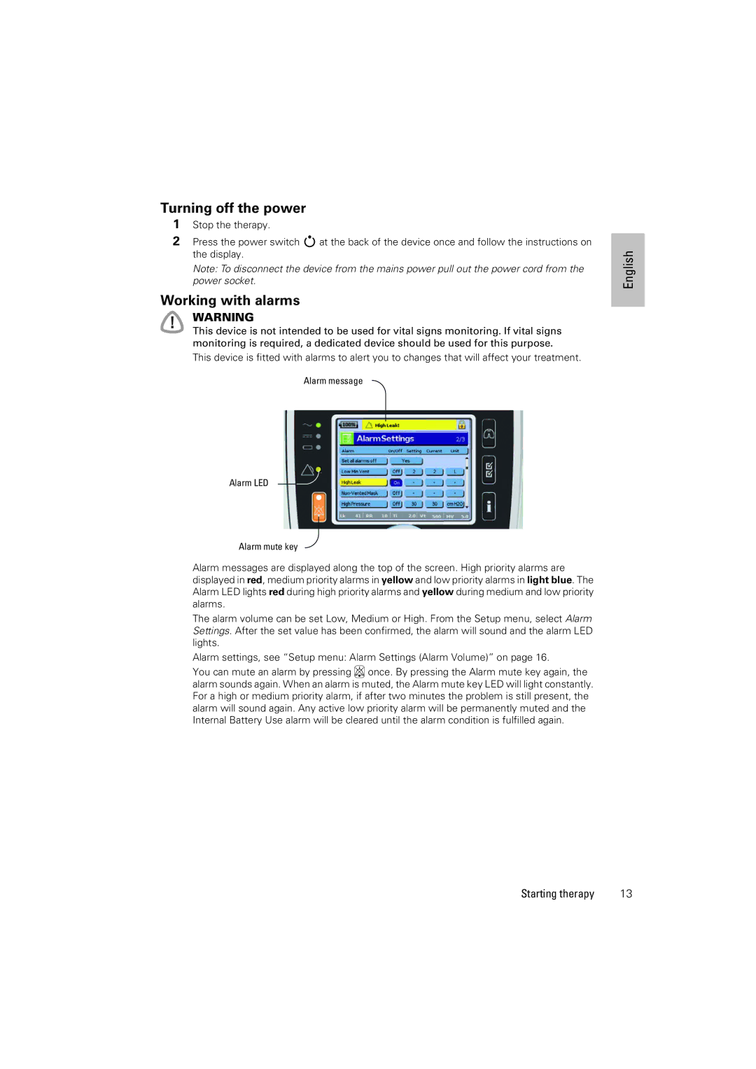 ResMed 100 manual Turning off the power, Working with alarms 