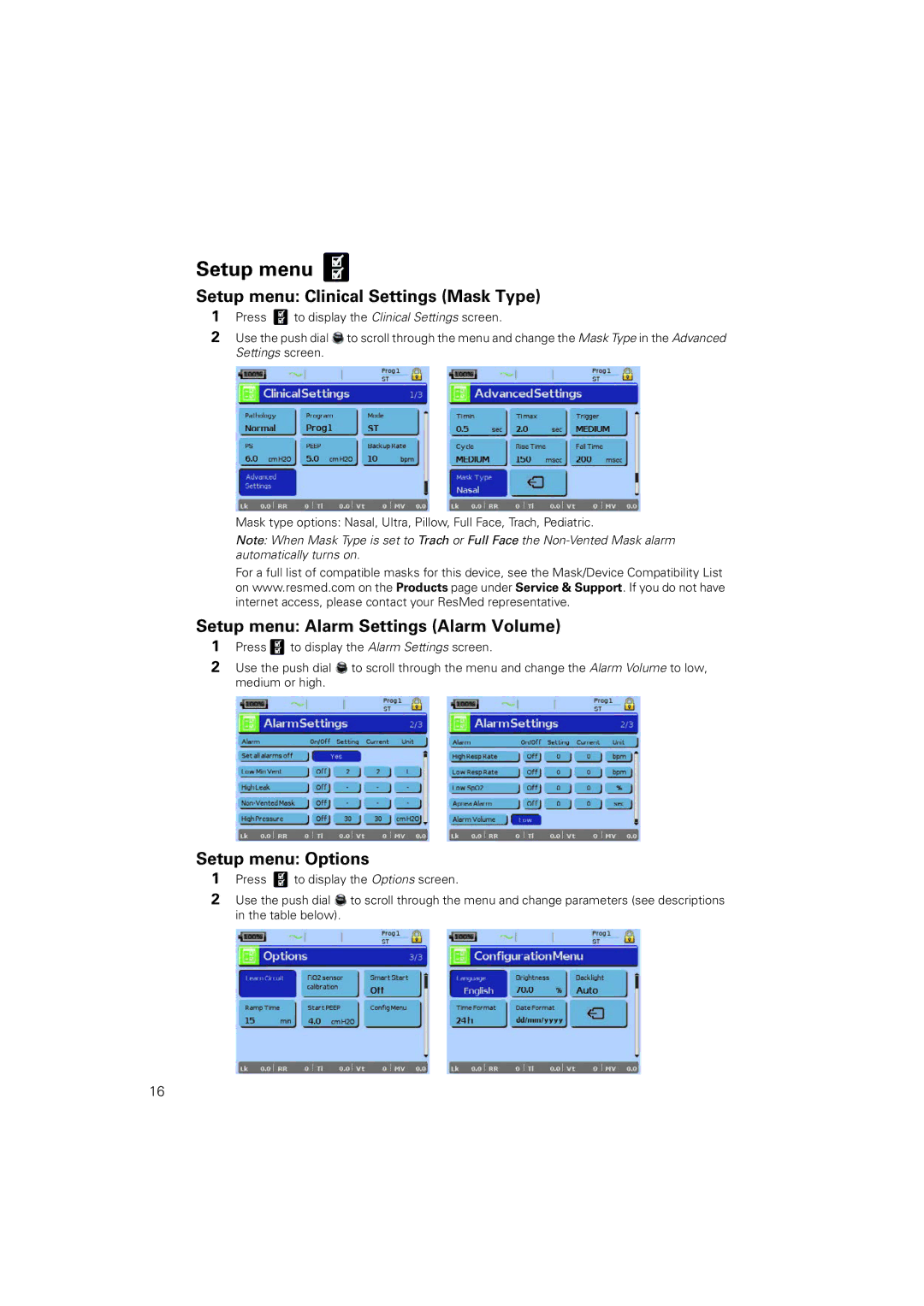 ResMed 100 manual Setup menu Clinical Settings Mask Type, Setup menu Alarm Settings Alarm Volume, Setup menu Options 