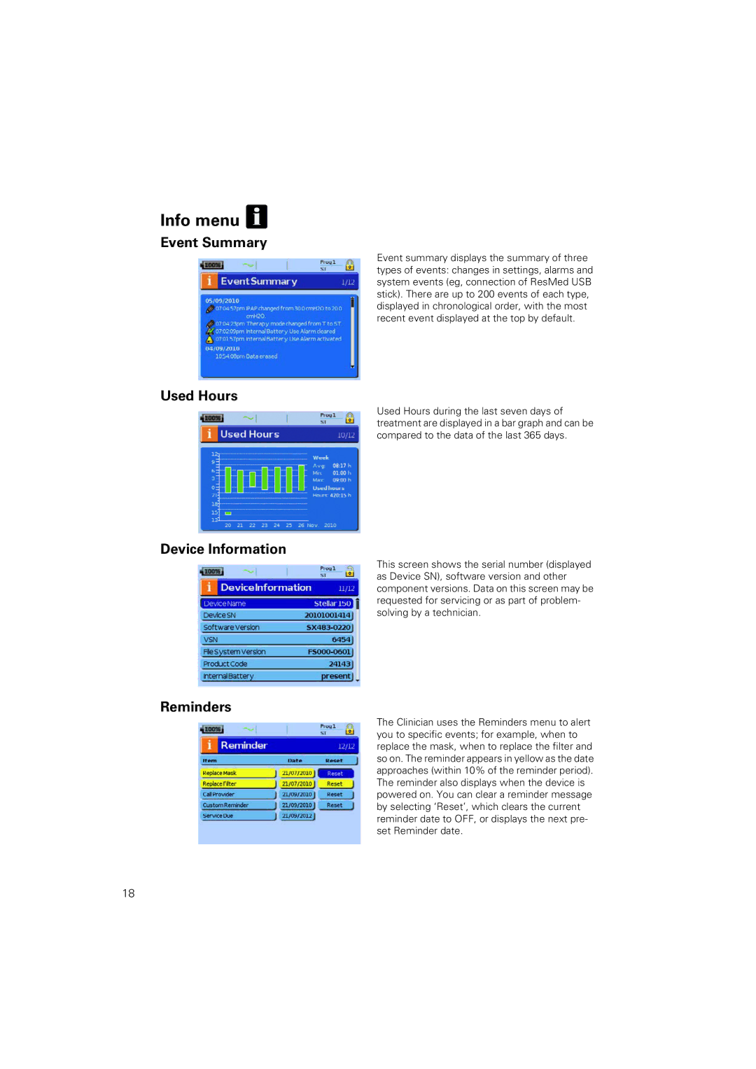 ResMed 100 manual Info menu, Event Summary, Used Hours, Device Information, Reminders 