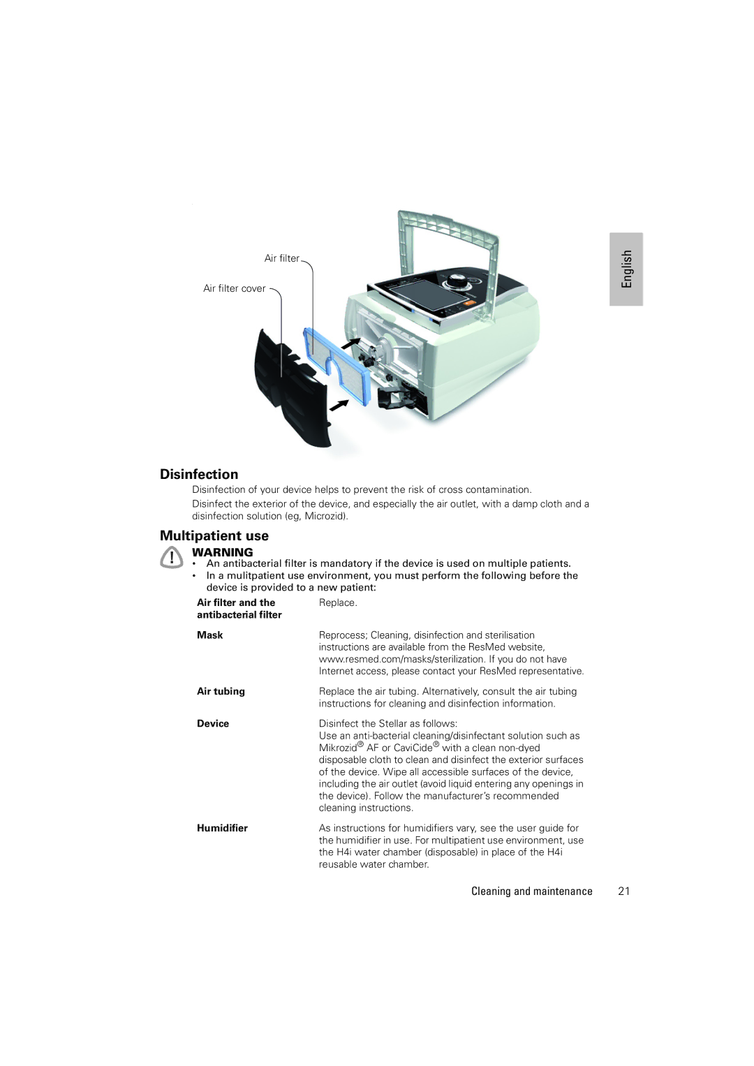 ResMed 100 manual Disinfection, Multipatient use 