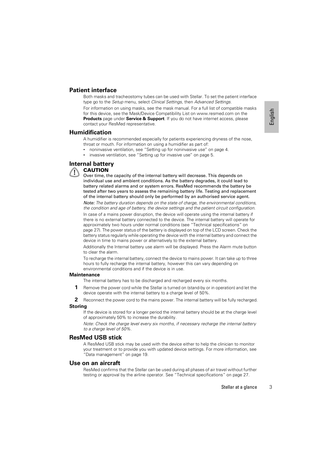 ResMed 100 manual Patient interface, Humidification, Internal battery, ResMed USB stick, Use on an aircraft 