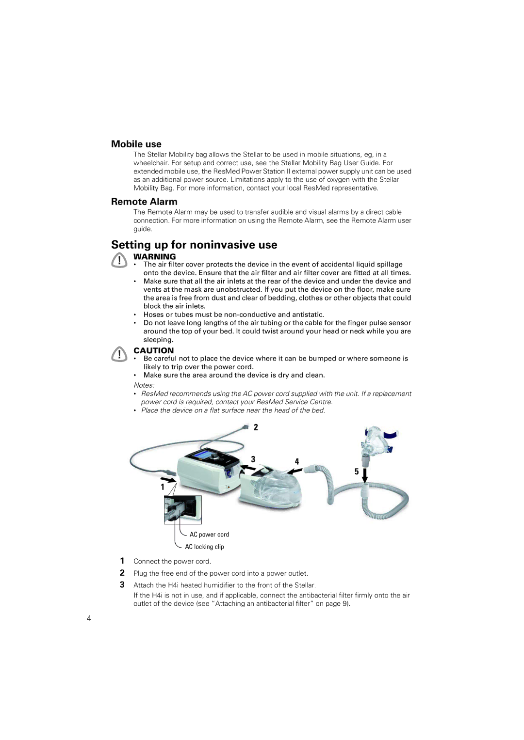 ResMed 100 manual Setting up for noninvasive use, Mobile use, Remote Alarm 