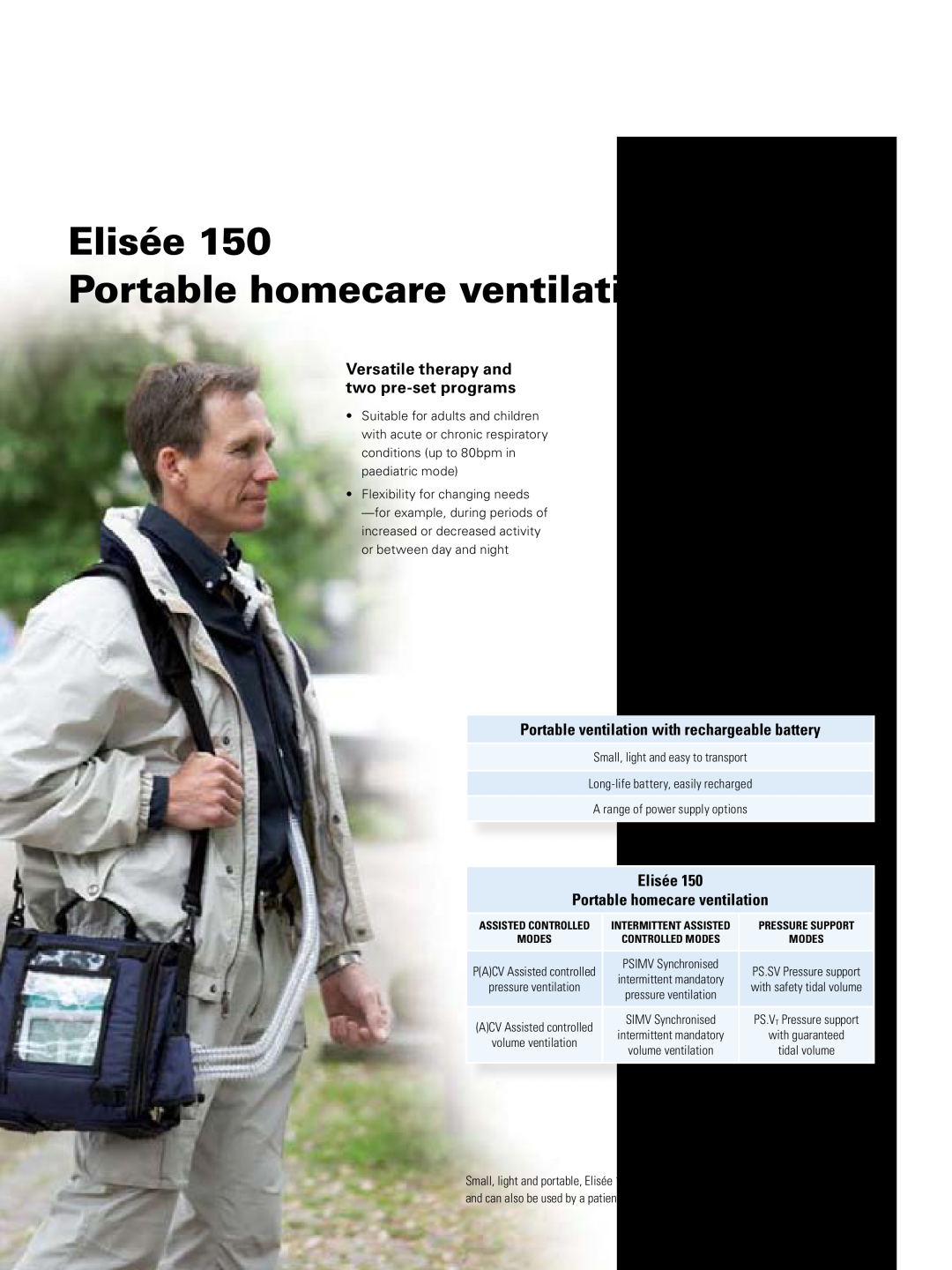 ResMed 150 manual Elisée Portable homecare ventilation, Versatile therapy and, Choice in pressure and, two pre-setprograms 