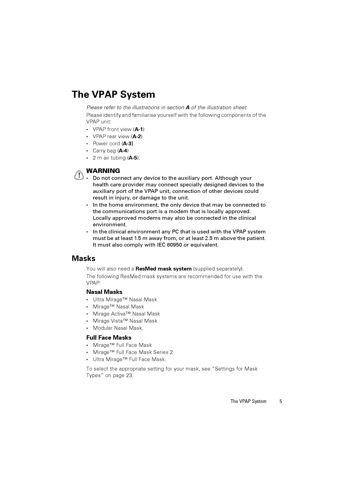 ResMed 248127 user manual Vpap System, Masks 